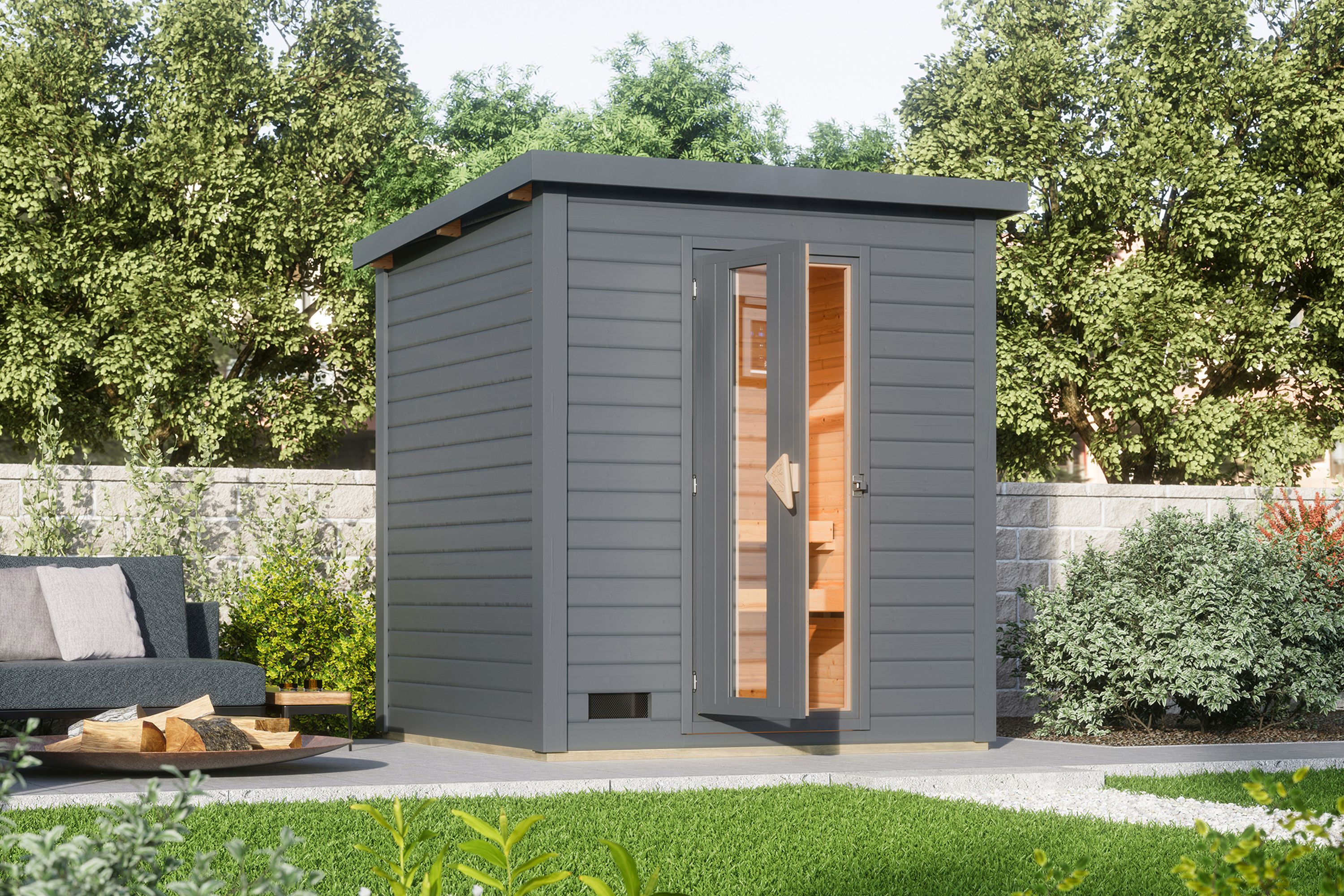 Karibu Saunahaus 38mm Melo 2 Ofen 9 kW integr. Strg terragrau 