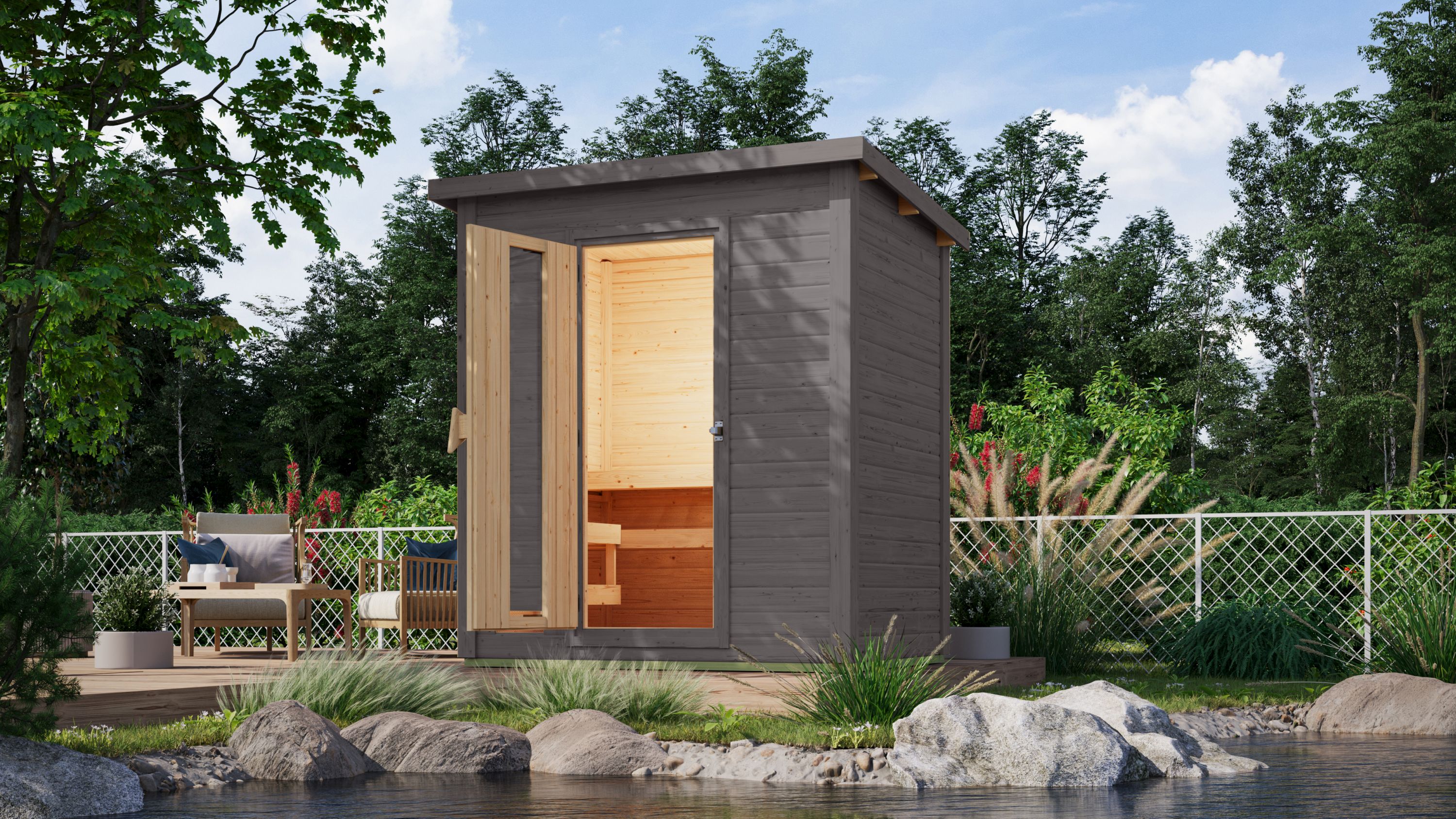 Karibu Saunahaus 38mm Melo 1 Ofen 9 kW integr. Strg terragrau 