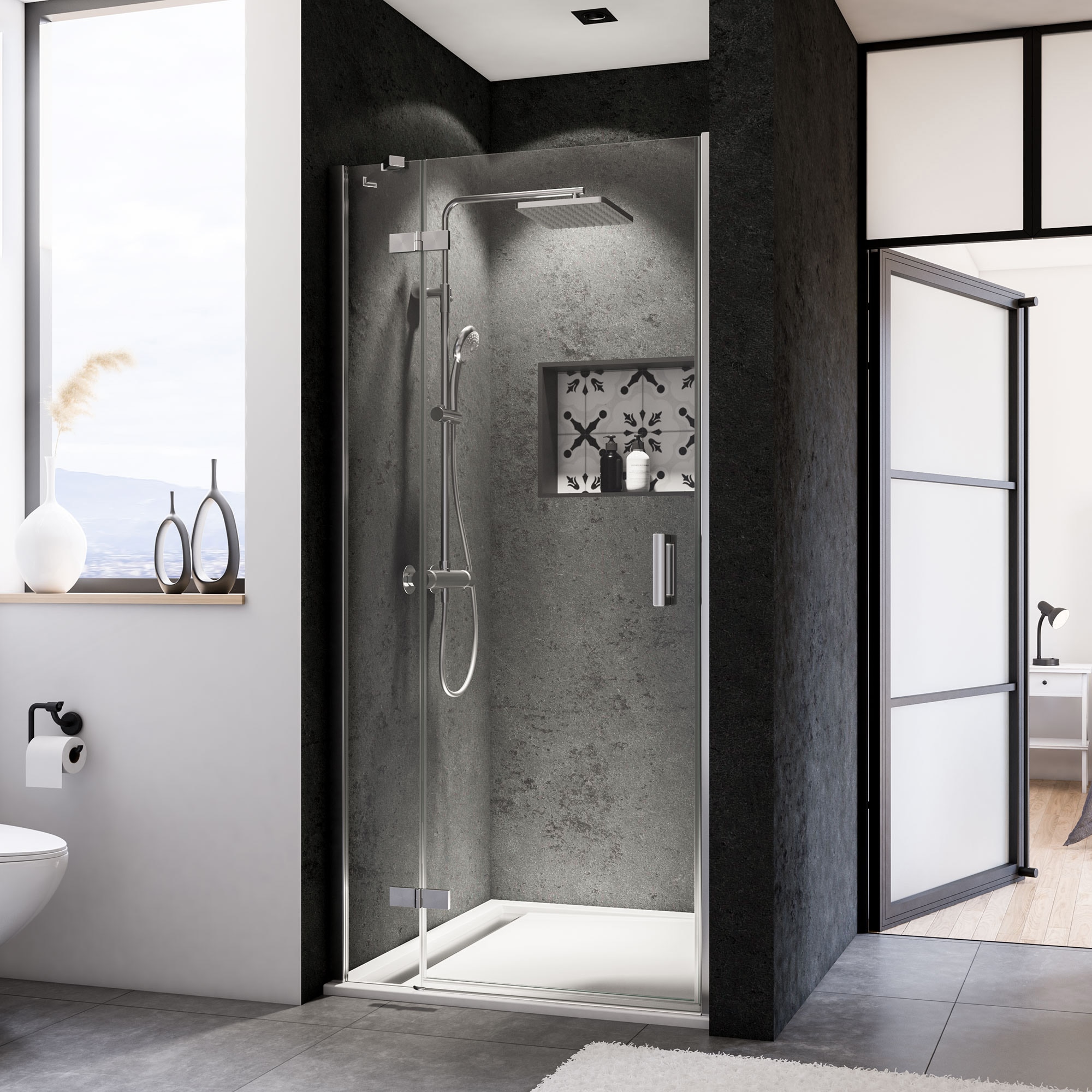 Breuer Panorama Dreht&uuml;r + Festteil (Anschlag links) f&uuml;r Nische alu chromeffekt Klarglas 900 mm 