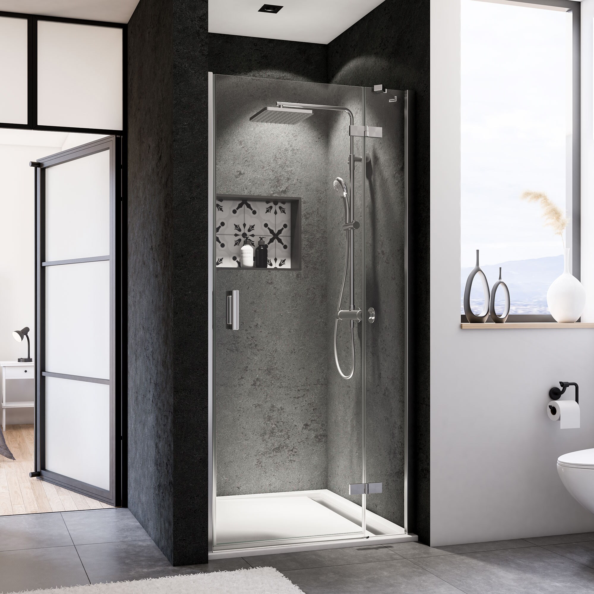 Breuer Panorama Dreht&uuml;r + Festteil (Anschlag rechts) f&uuml;r Nische alu chromeffekt Klarglas 900 mm 