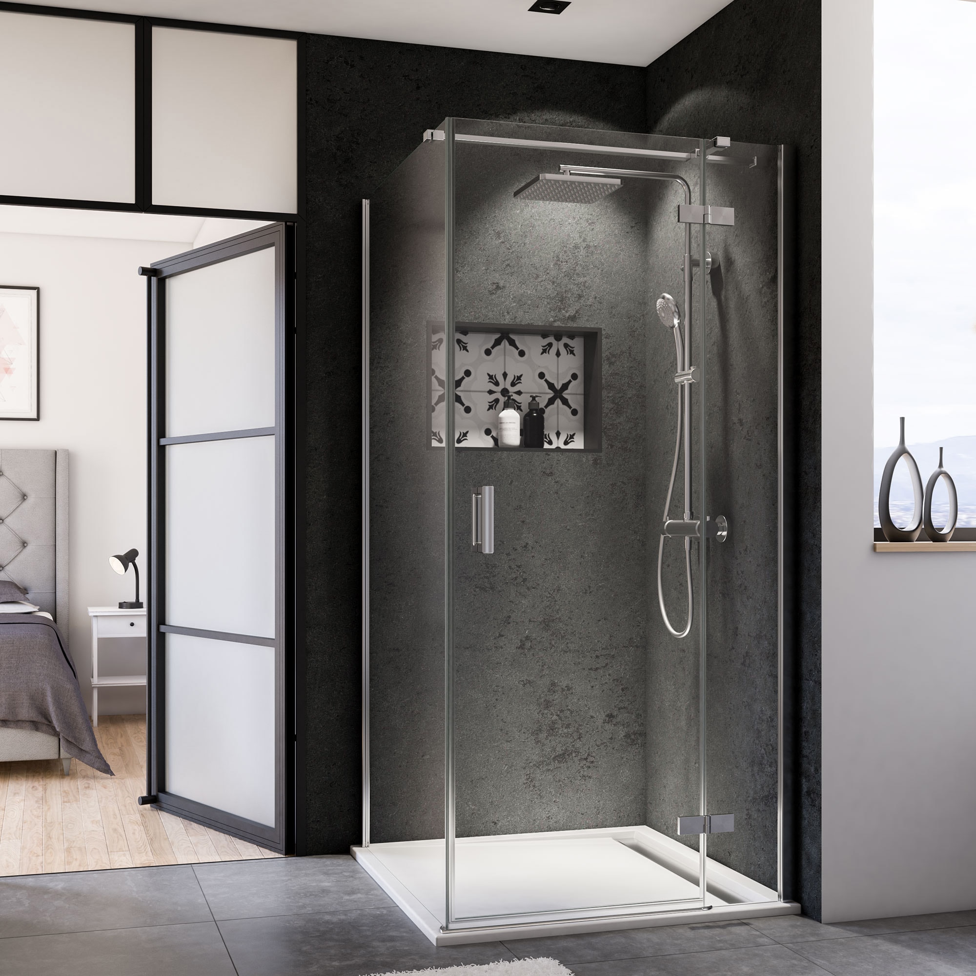 Breuer Panorama Dreht&uuml;r + Festteil (Anschlag rechts) f&uuml;r Seitenwand alu chromeffekt Klarglas 900 mm 