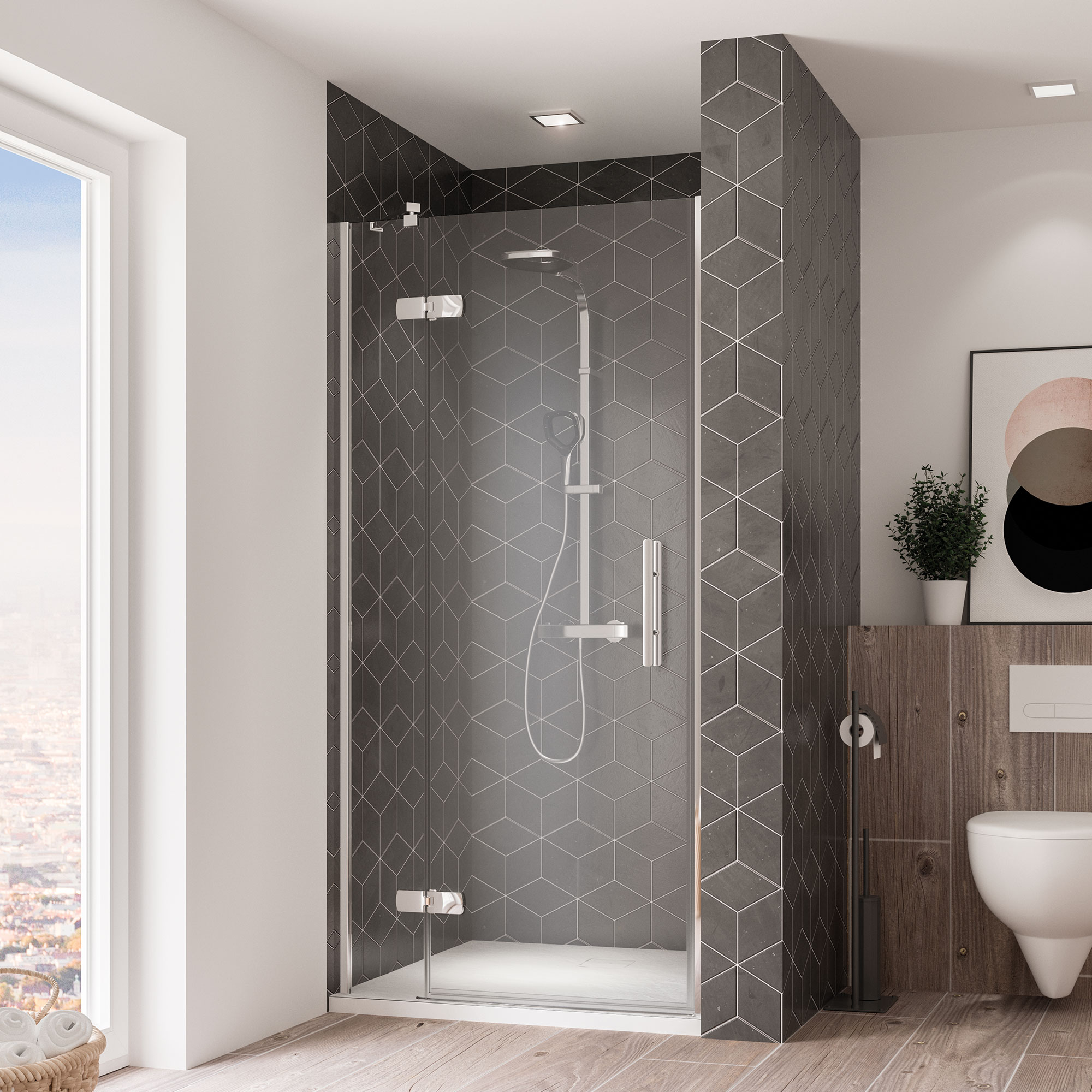 Breuer Avanta Dreht&uuml;r + Festteil (Anschlag links) f&uuml;r Nische alu chromeffekt Klarglas 900 mm 