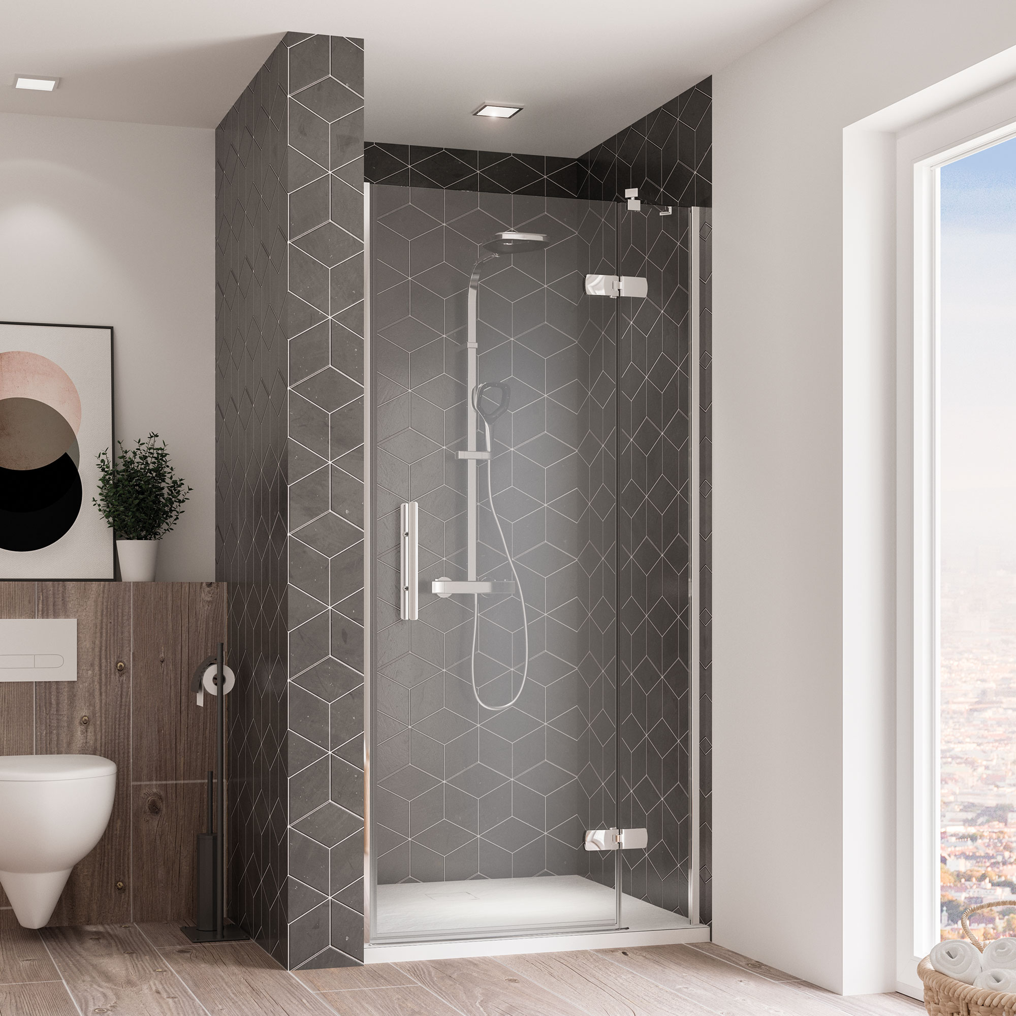 Breuer Avanta Dreht&uuml;r + Festteil (Anschlag rechts) f&uuml;r Nische alu chromeffekt Klarglas 900 mm 