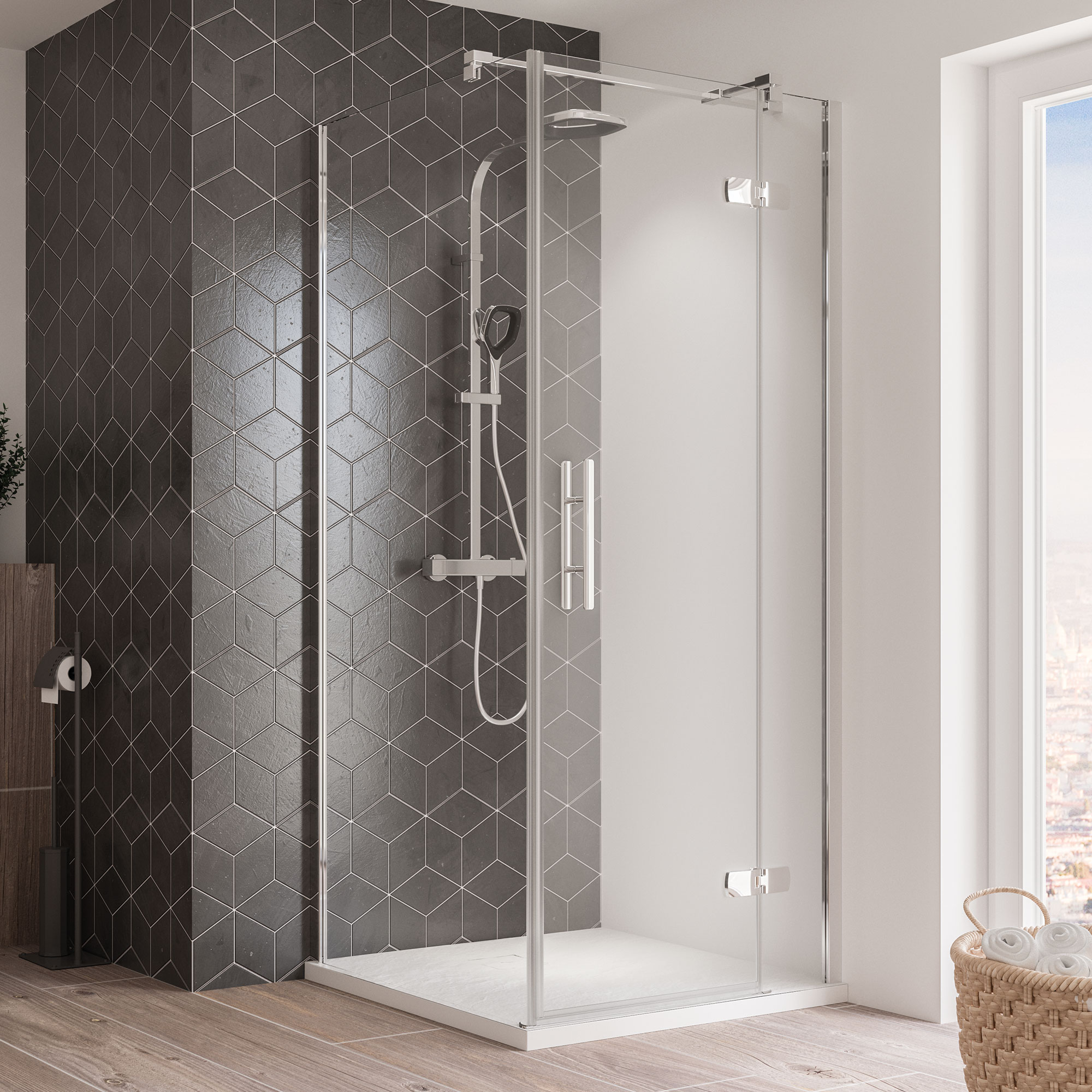 Breuer Avanta Dreht&uuml;r + Festteil (Anschlag rechts) f&uuml;r Seitenwand alu chromeffekt Klarglas 900 mm 