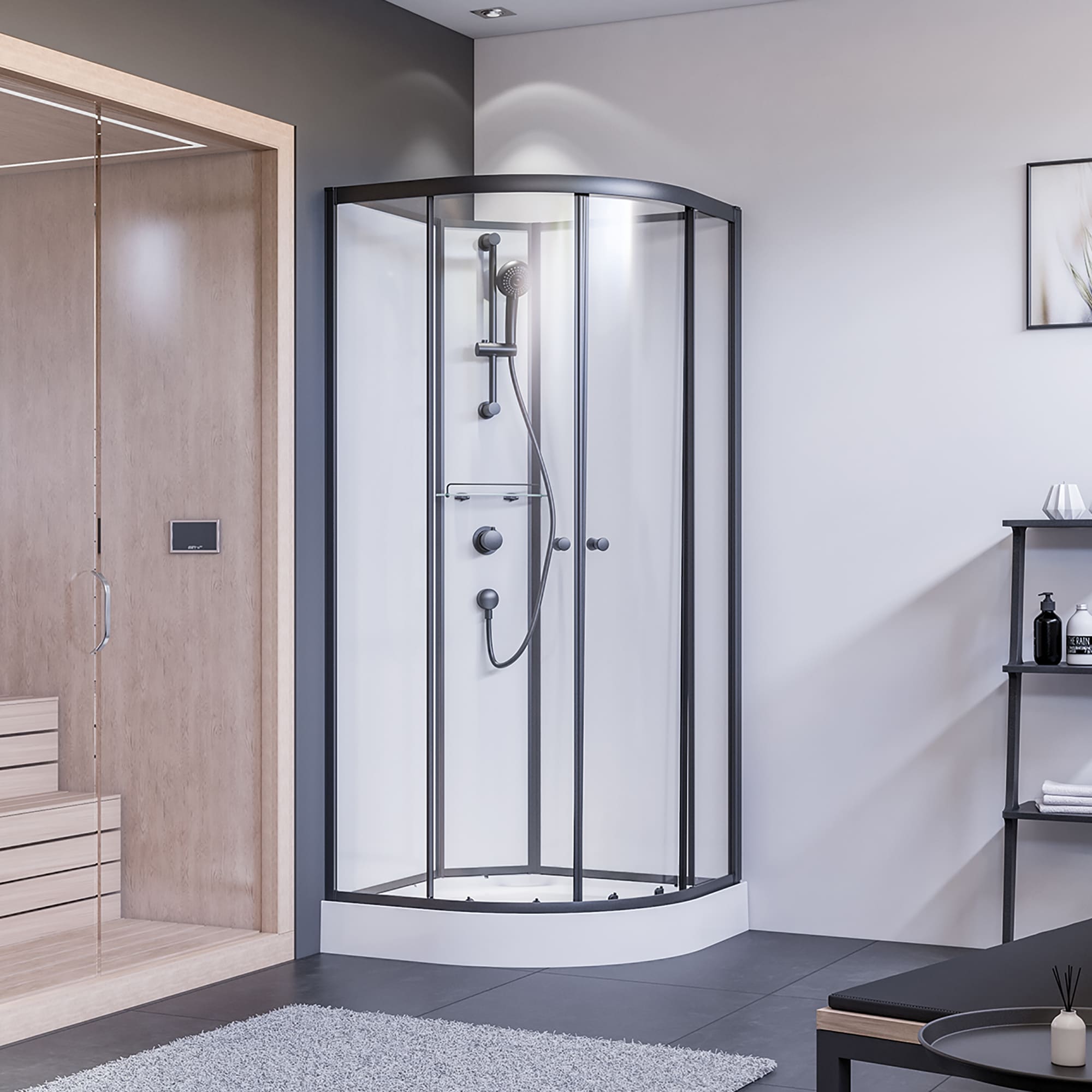 Breuer Komplett-Runddusche mit Schiebet&uuml;r schwarz matt Klarglas 
