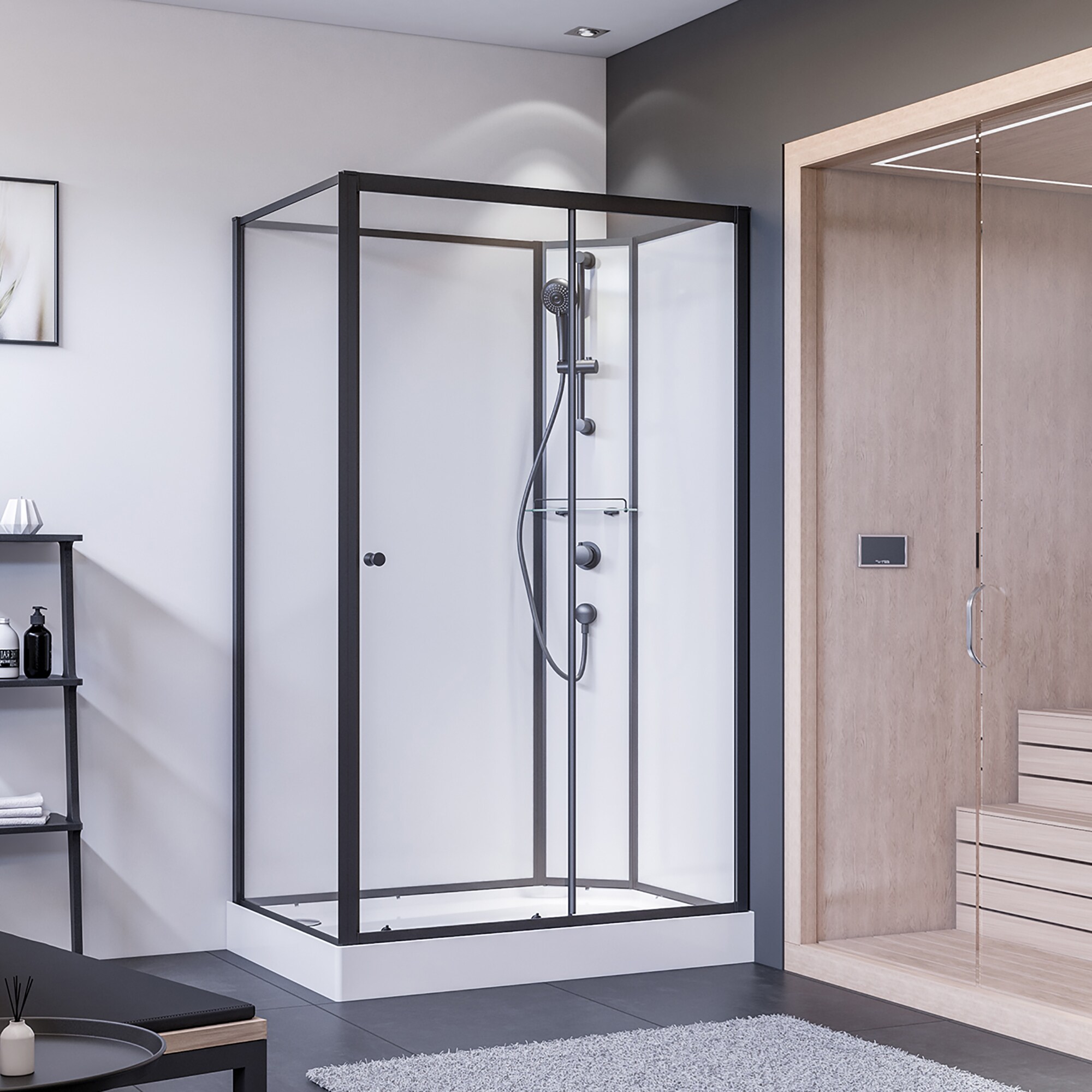 Breuer Schiebet&uuml;r + Seitenwand Klarglas hell R&uuml;ckw&auml;nde wei&szlig; Anschlag rechts 900/1200 schwarz matt 