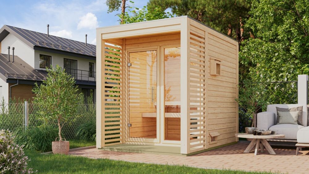 Karibu 38 mm Saunahaus Angelia 1-3 Saunaofen mit eingebauter Steuerung 9 kW naturbelassen Set 