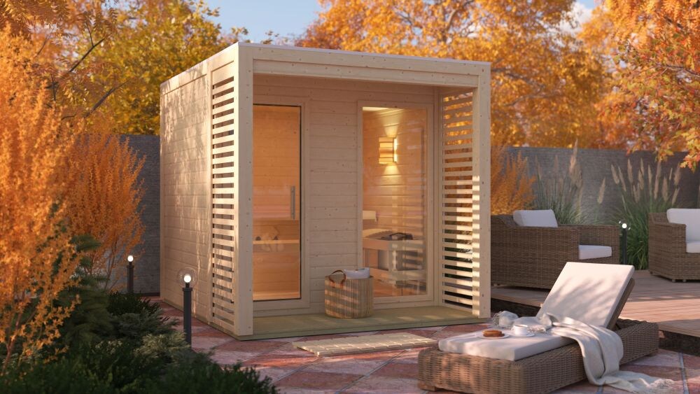 Karibu 38 mm Saunahaus Angelia 1-3 Saunaofen mit eingebauter Steuerung 9 kW naturbelassen Set 