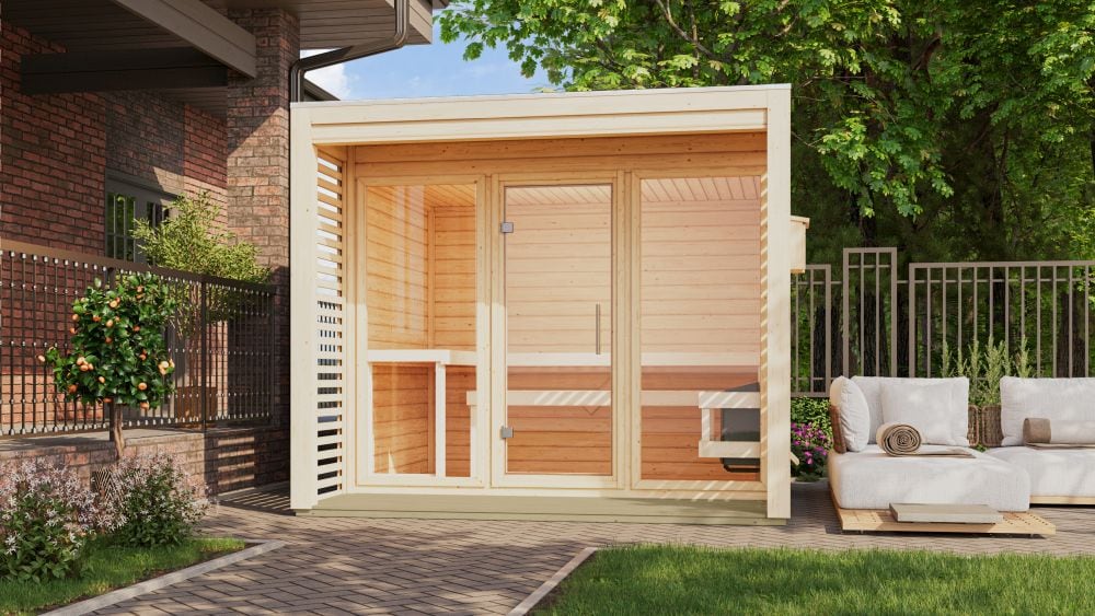 Karibu 38 mm Saunahaus Angelia 1-3 Saunaofen mit eingebauter Steuerung 9 kW naturbelassen Set 