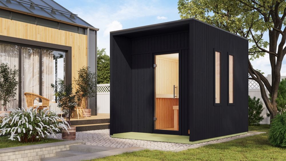 Karibu 73 mm Saunahaus Lejana inkl. Saunaofen mit eingebauter Steuerung 9 kW schwarz 