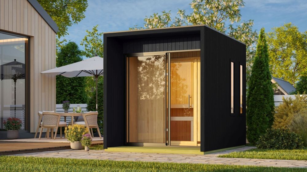 Karibu 73 mm Saunahaus Isidora inkl. Saunaofen mit eingebauter Steuerung 9 kW naturbelassen oder schwarz 