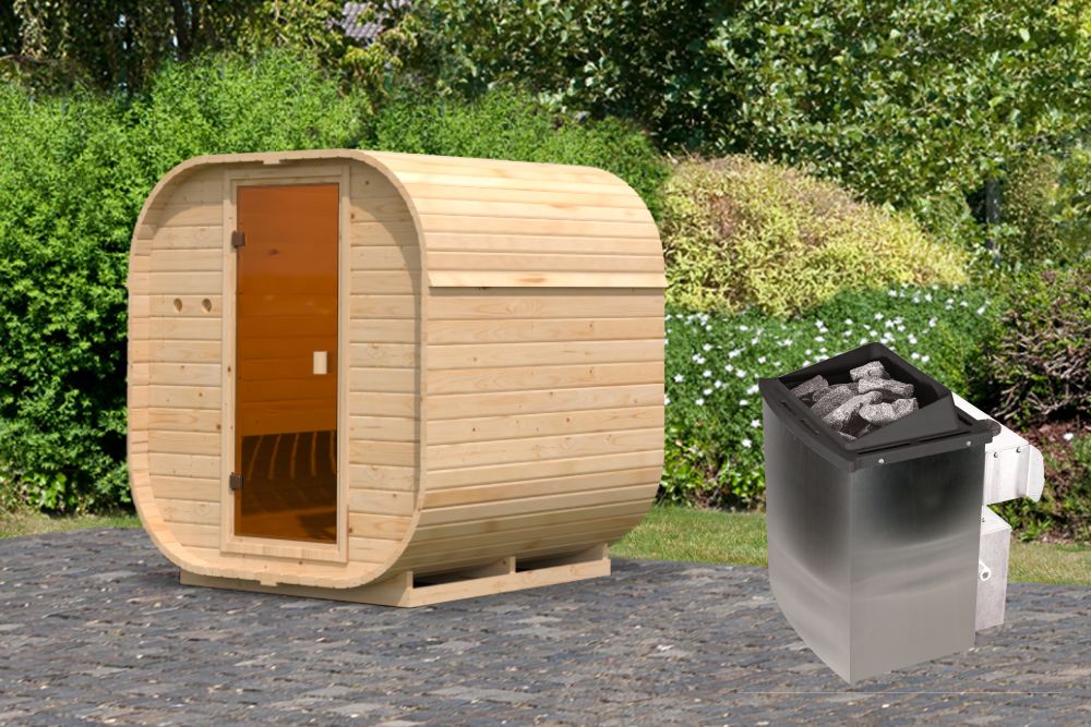 Karibu W&uuml;rfelsaunahaus Louisa inkl. Ofen 9 kW integr. Strg optional mit Dacheindeckung 