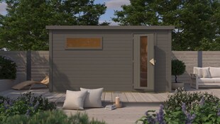 Karibu 38mm Saunahaus Melo 6 terragrau inkl. Ofen 9 kW integr. Strg 