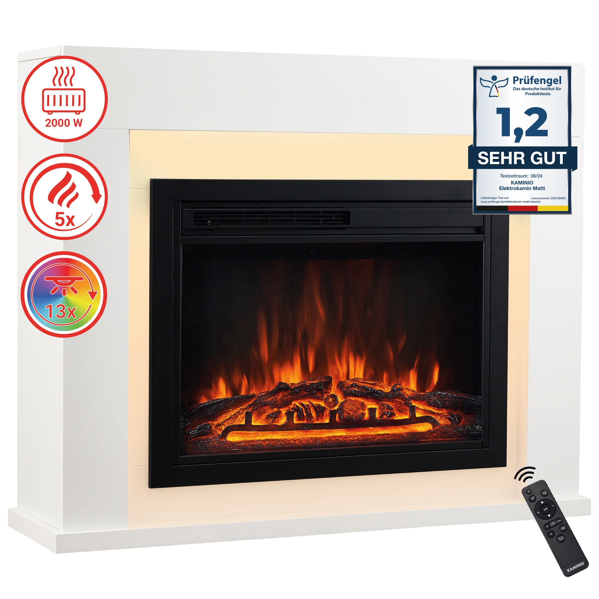 KAMINIO Elektrokamin MATTI - Elektrischer Standkamin mit Heizung, 3D-Flammeneffekt, LED-Ambientelicht, Fernbedienung - Wei&szlig; - Bild 1