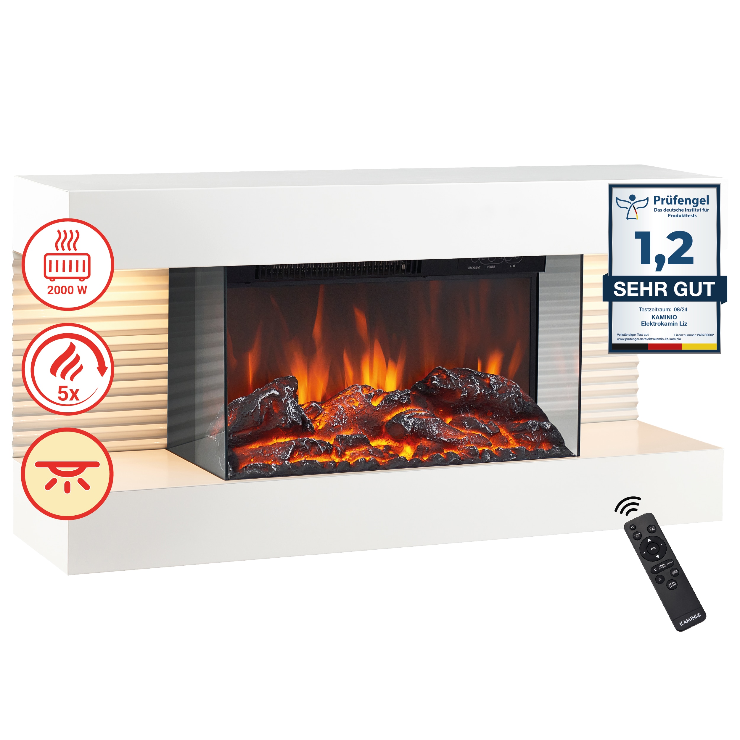 KAMINIO Elektrokamin LIZ - Elektrischer Wandkamin mit Heizung, 3D-Flammeneffekt, LED-Ambientelicht, Fernbedienung - Wei&szlig; 