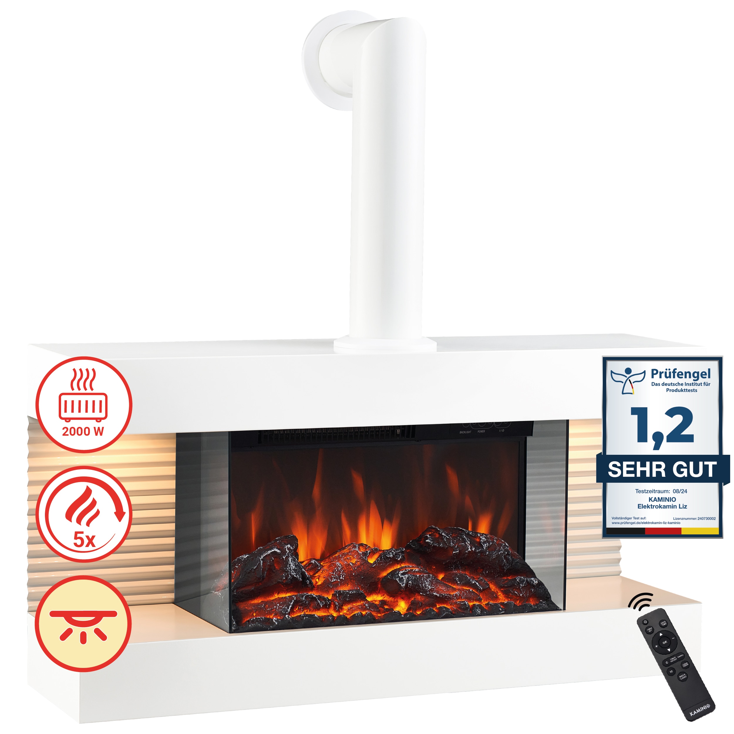 KAMINIO Elektrokamin LIZ mit Abzugsrohr - Elektrischer Wandkamin mit Heizung, 3D-Flammeneffekt, LED-Ambientelicht, Fernbedienung - Wei&szlig; 