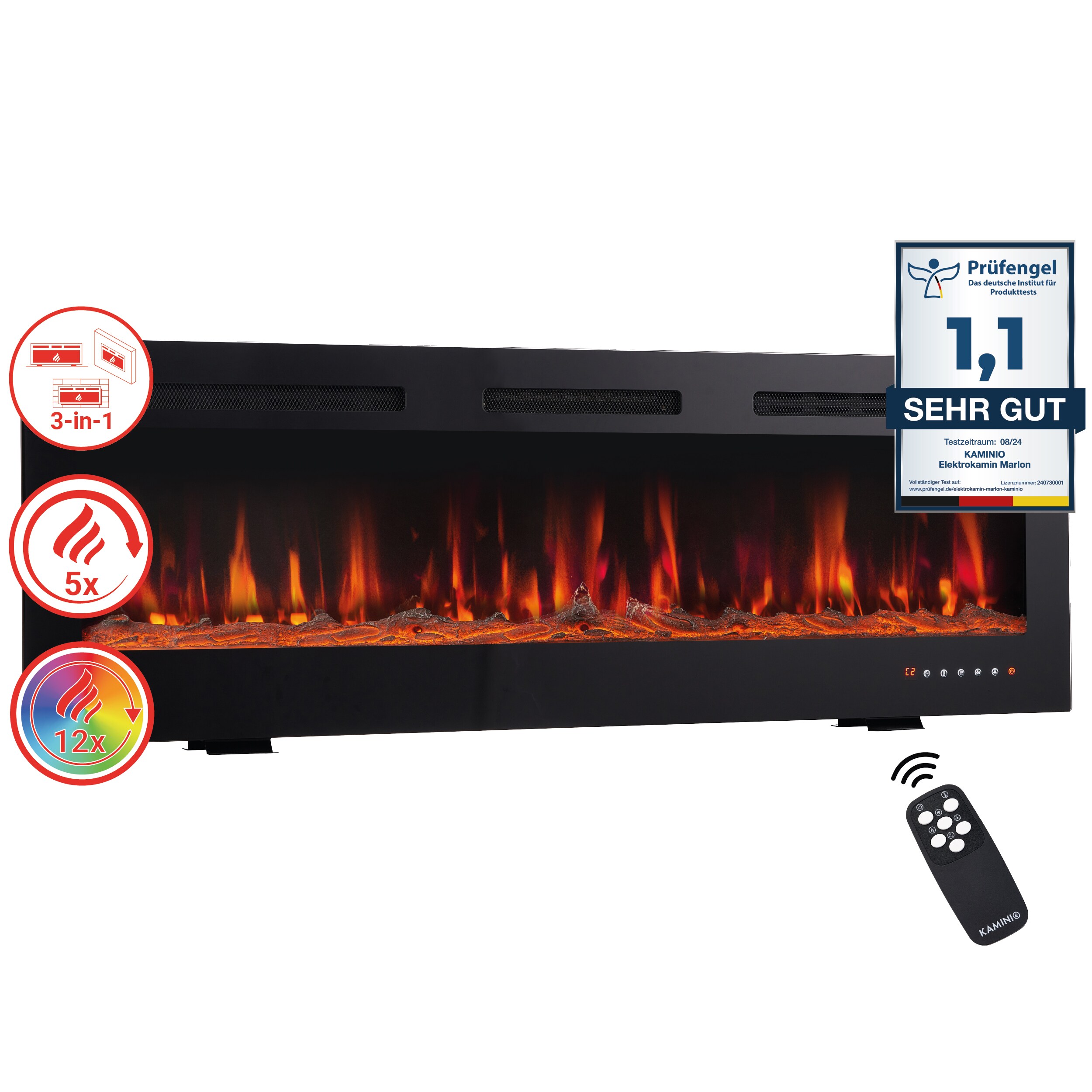 KAMINIO Elektrokamin MARLON - Elektrischer 3-in-1 Kamin mit Heizung, 3D-Flammeneffekt, 12 Flammenfarben, Fernbedienung - 42 Zoll - Bild 1