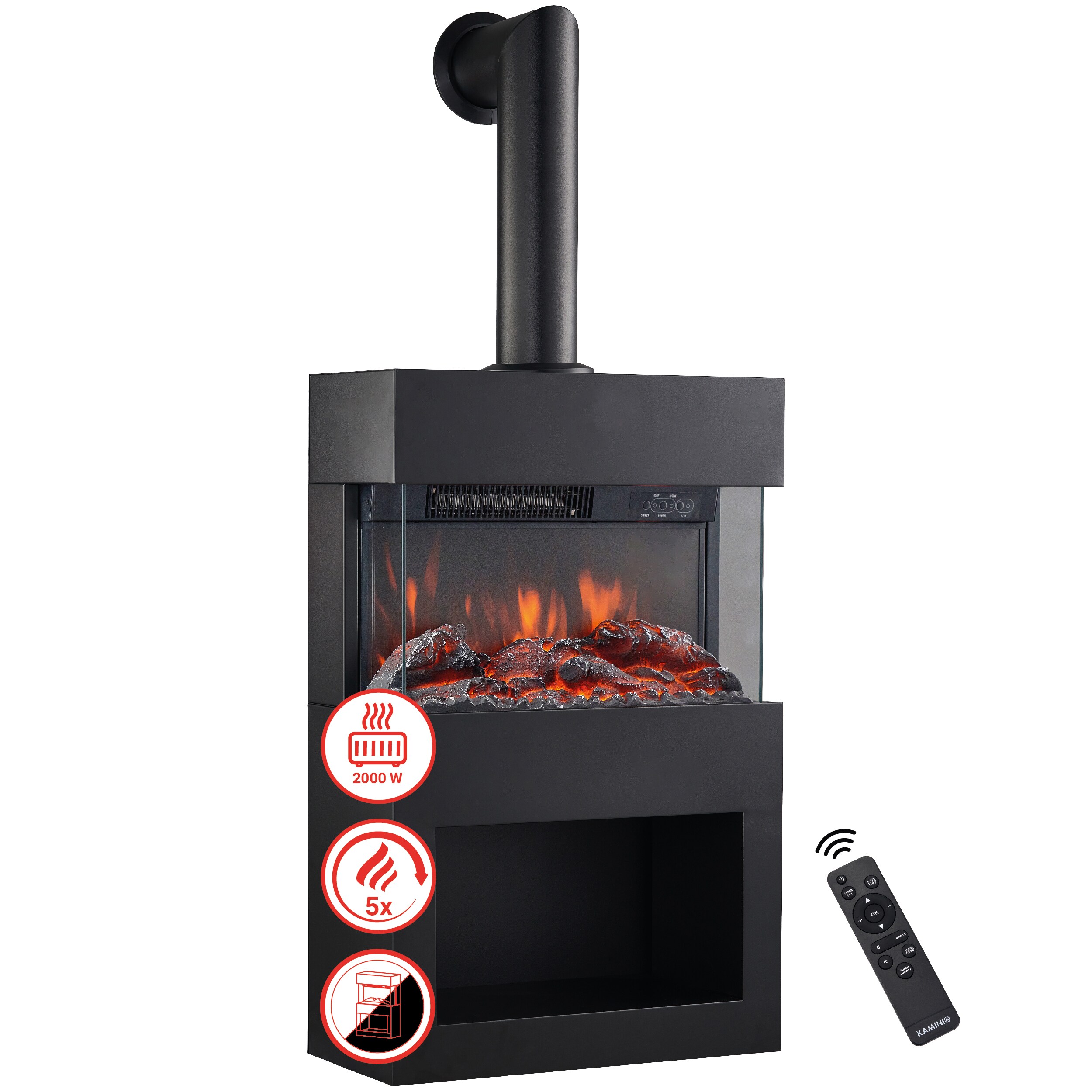 KAMINIO Elektrokamin HENRI - Mit Abzugsrohr - Elektrischer Kaminofen mit Heizung, 3D-Flammeneffekt, Holzfach, Fernbedienung - Schwarz 