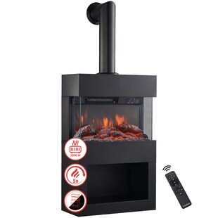KAMINIO Elektrokamin HENRI - Mit Abzugsrohr - Elektrischer Kaminofen mit Heizung, 3D-Flammeneffekt, Holzfach, Fernbedienung - Schwarz 