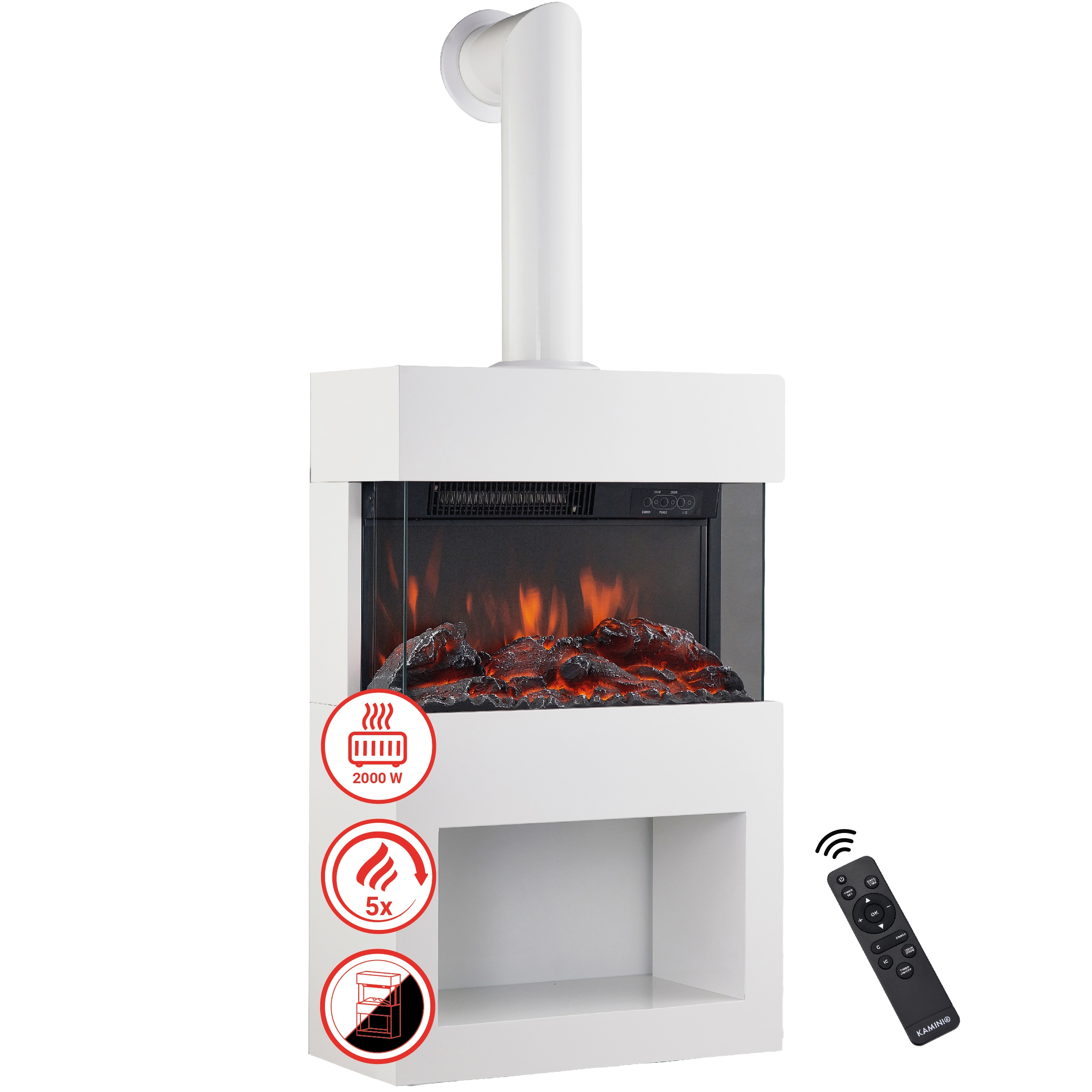 KAMINIO Elektrokamin HENRI - Mit Abzugsrohr - Elektrischer Kaminofen mit Heizung, 3D-Flammeneffekt, Holzfach, Fernbedienung - Wei&szlig; 