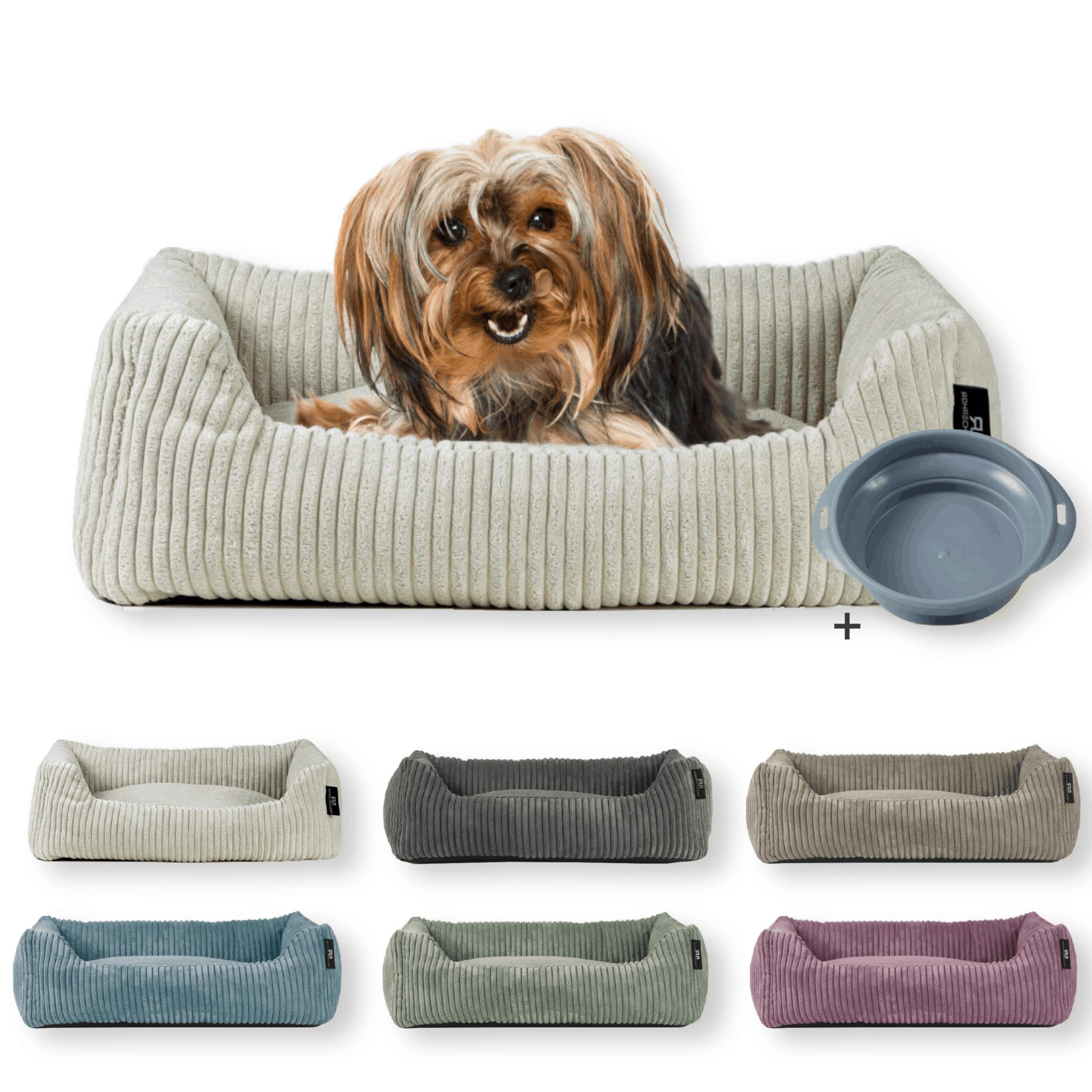 Tierbett Cordstoff breit Gr. 1 taupe + faltbarer Reisenapf