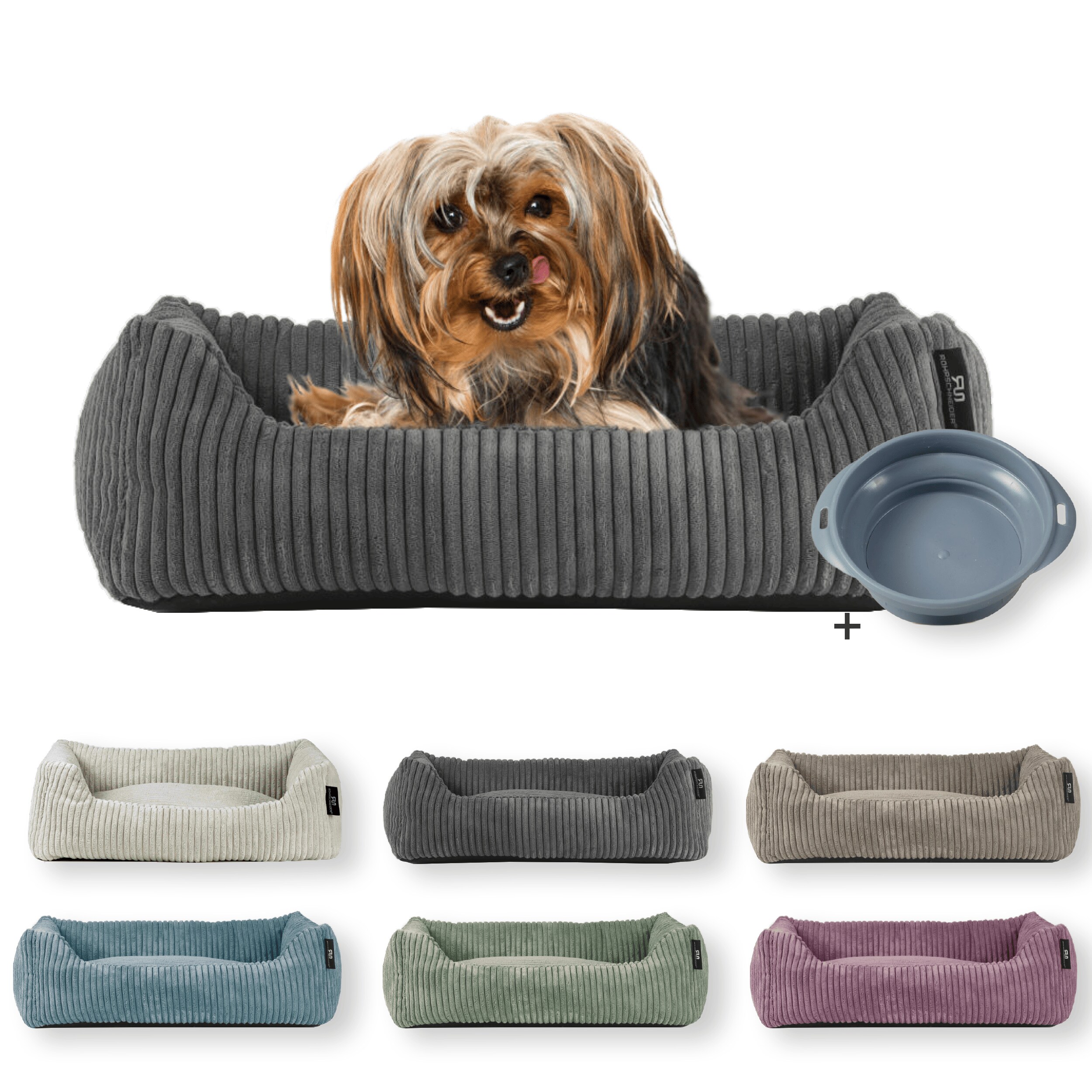 Rohrschneider Tierbett Cordstoff breit Gr. 1 taupe + faltbarer Reisenapf 