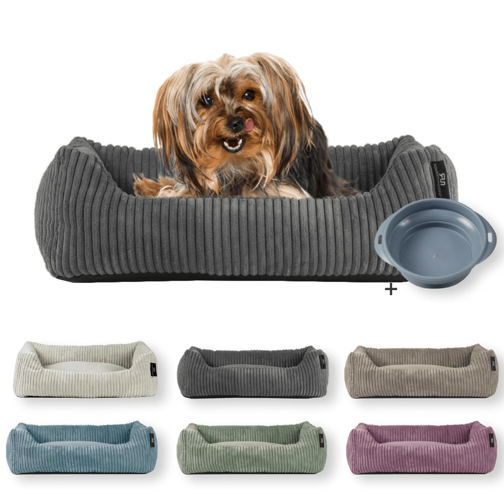 Tierbett Cordstoff breit Gr. 1 taupe + faltbarer Reisenapf