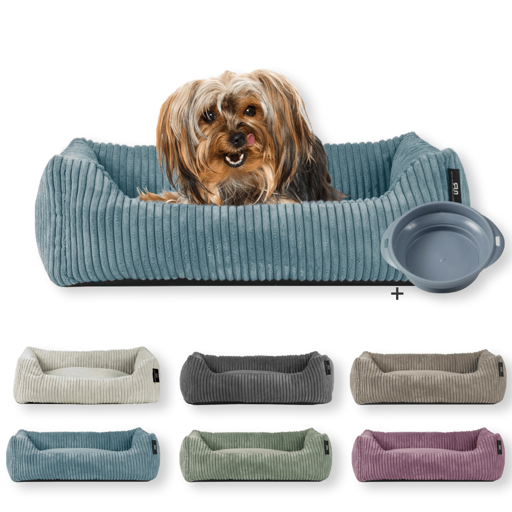 Tierbett Cordstoff breit Gr. 1 taupe + faltbarer Reisenapf