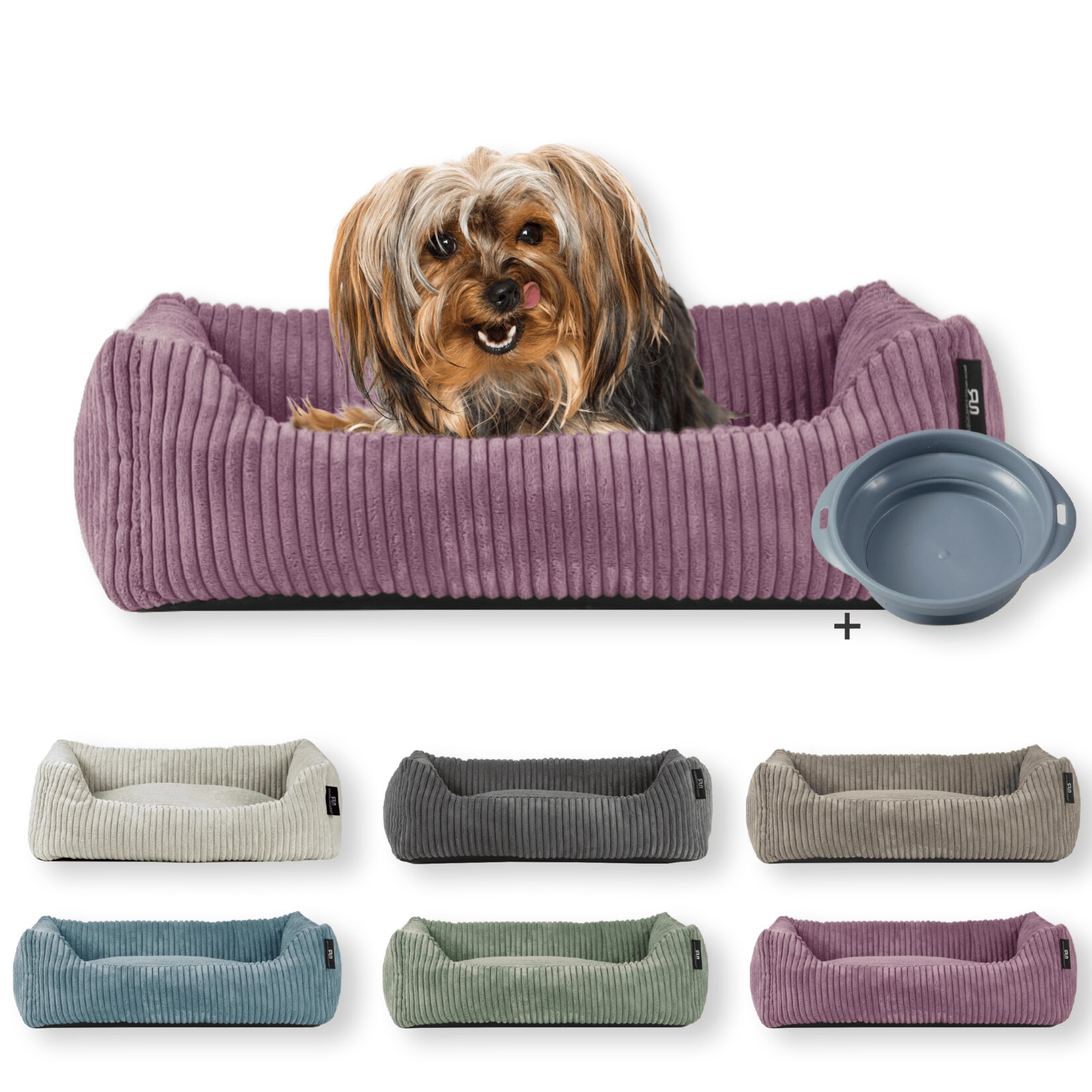 Tierbett Cordstoff breit Gr. 1 taupe + faltbarer Reisenapf