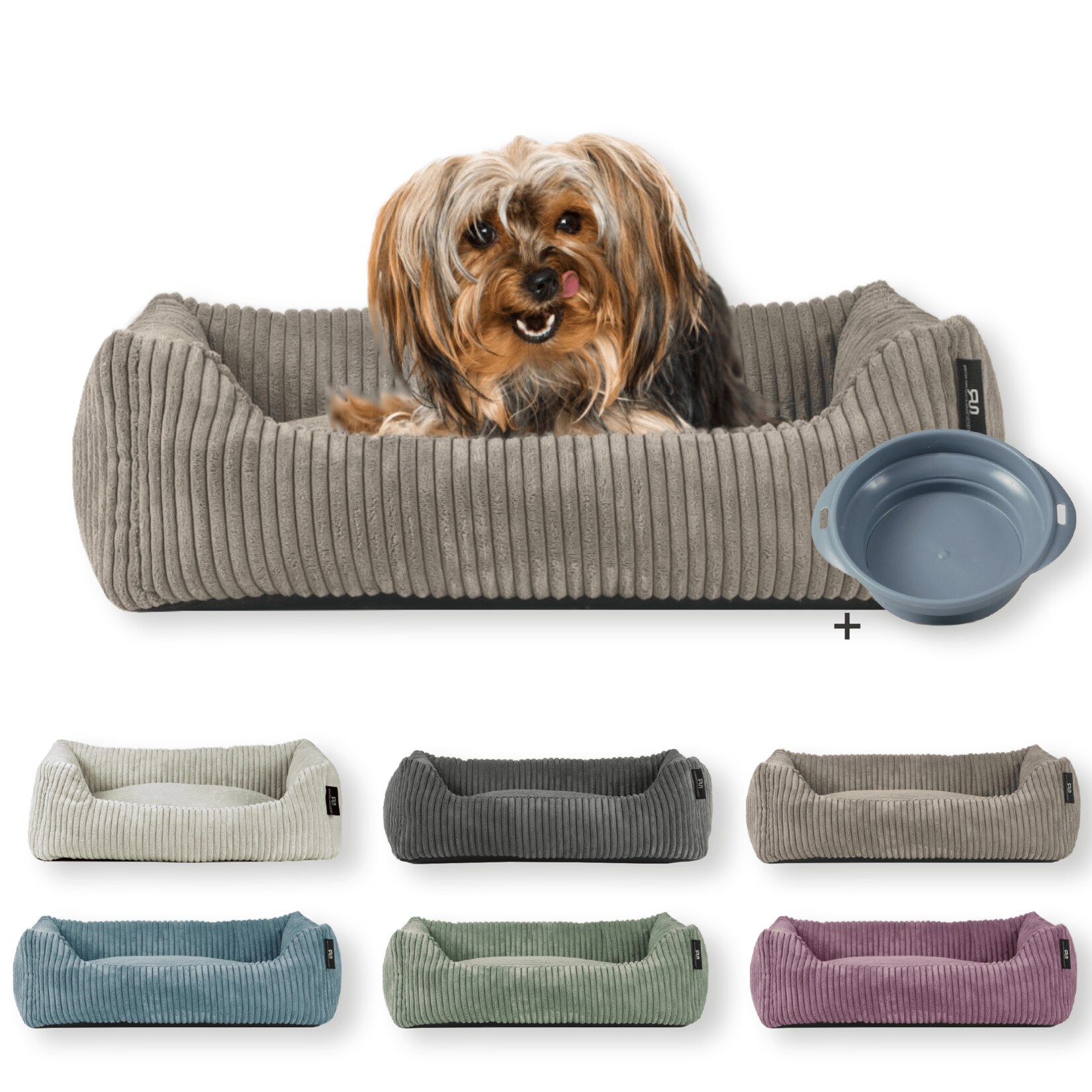 Tierbett Cordstoff breit Gr. 1 taupe + faltbarer Reisenapf