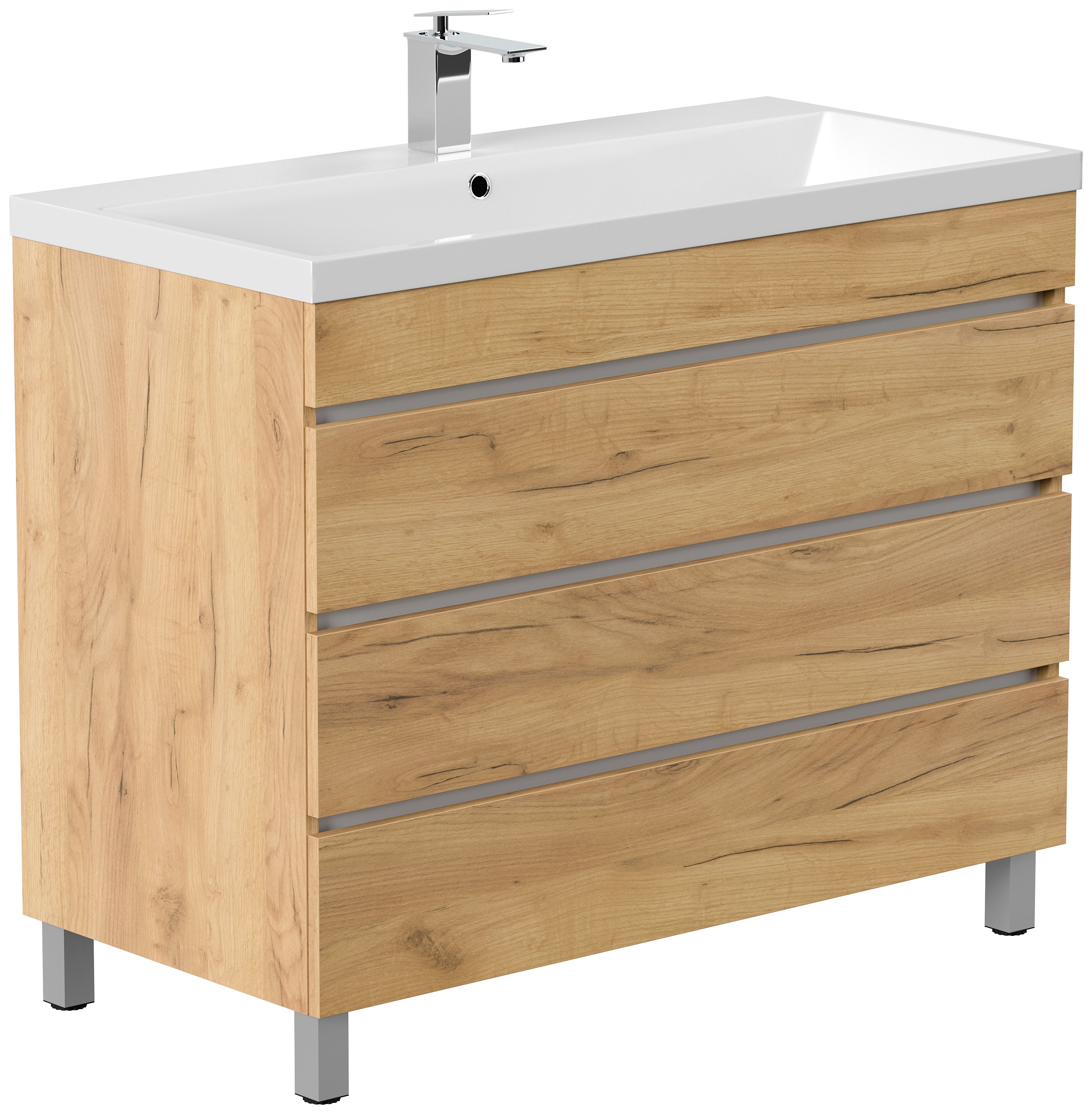 Stand Badm&ouml;bel Fellini 100 SoftClose eiche gold mit drei grifflosen Schubladen 