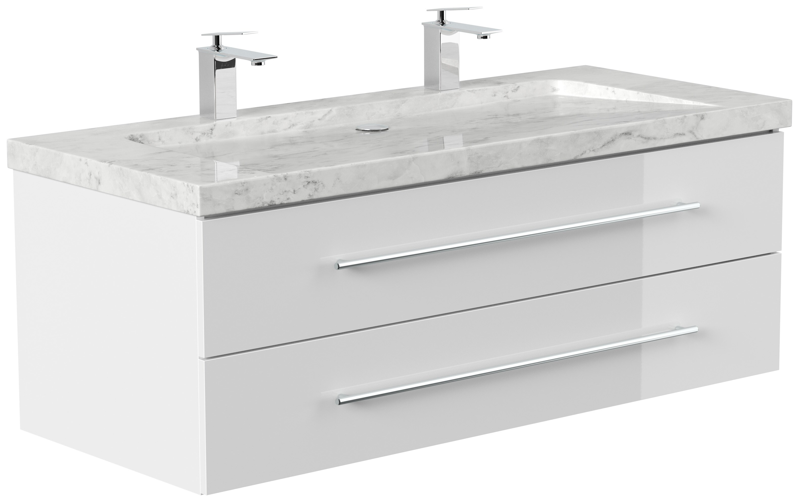 Badm&ouml;bel Marmor Carrara White YAMO 130 cm 2 Hahnl&ouml;cher SoftClose wei&szlig; hochglanz 