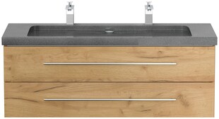 Badmöbel Granit G654 YAMO 130 cm 2 Hahnlöcher SoftClose weiß hochglanz 