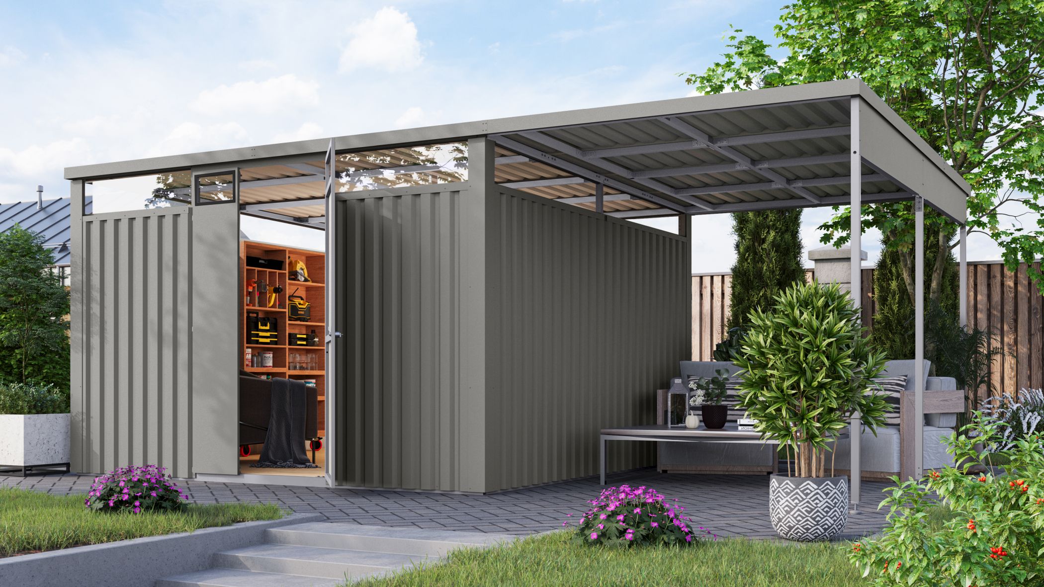 Karibu Gartenhaus Superline XXL im Set mit Anbaudach 2,25 m anthrazit 