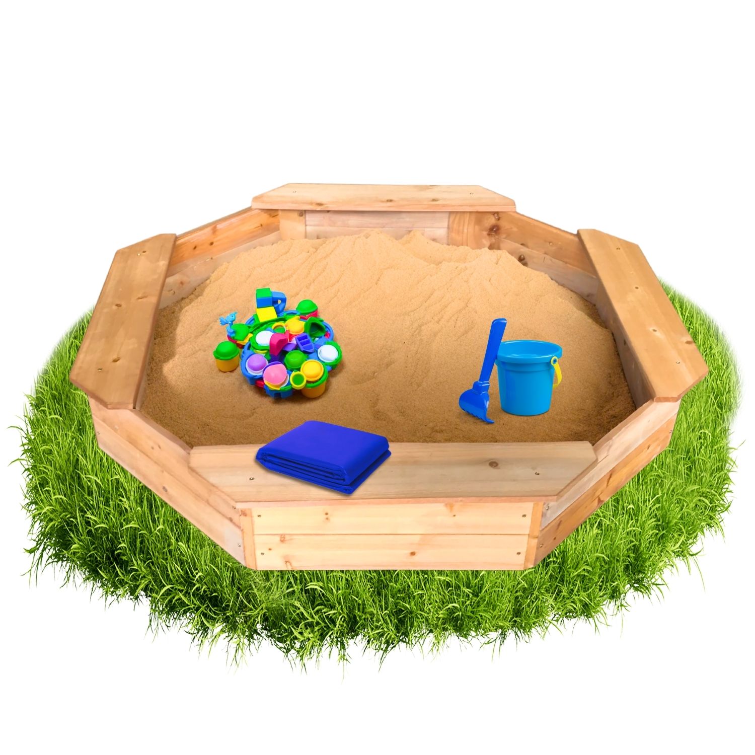 Coemo 8-eckiger Sandkasten Larry M Holz inkl. Abdeckplane + Bodenplane 