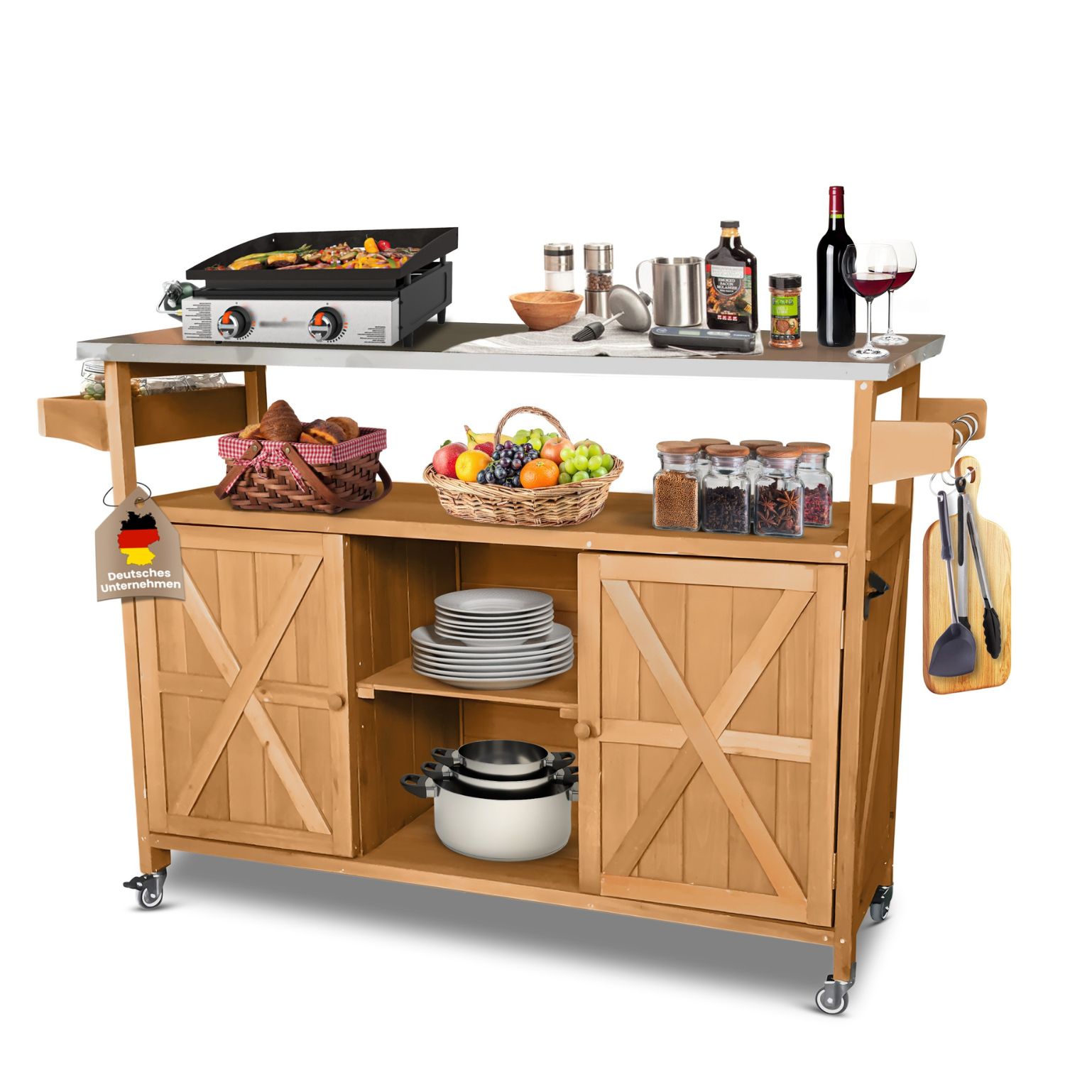 Coemo Servierwagen Grillstation James L K&uuml;cheninsel Holz, auf Rollen 138 x 47 x 92 cm 