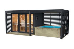 Karibu Saunahaus Angelus XL  mit Anbaudach und Minipool 