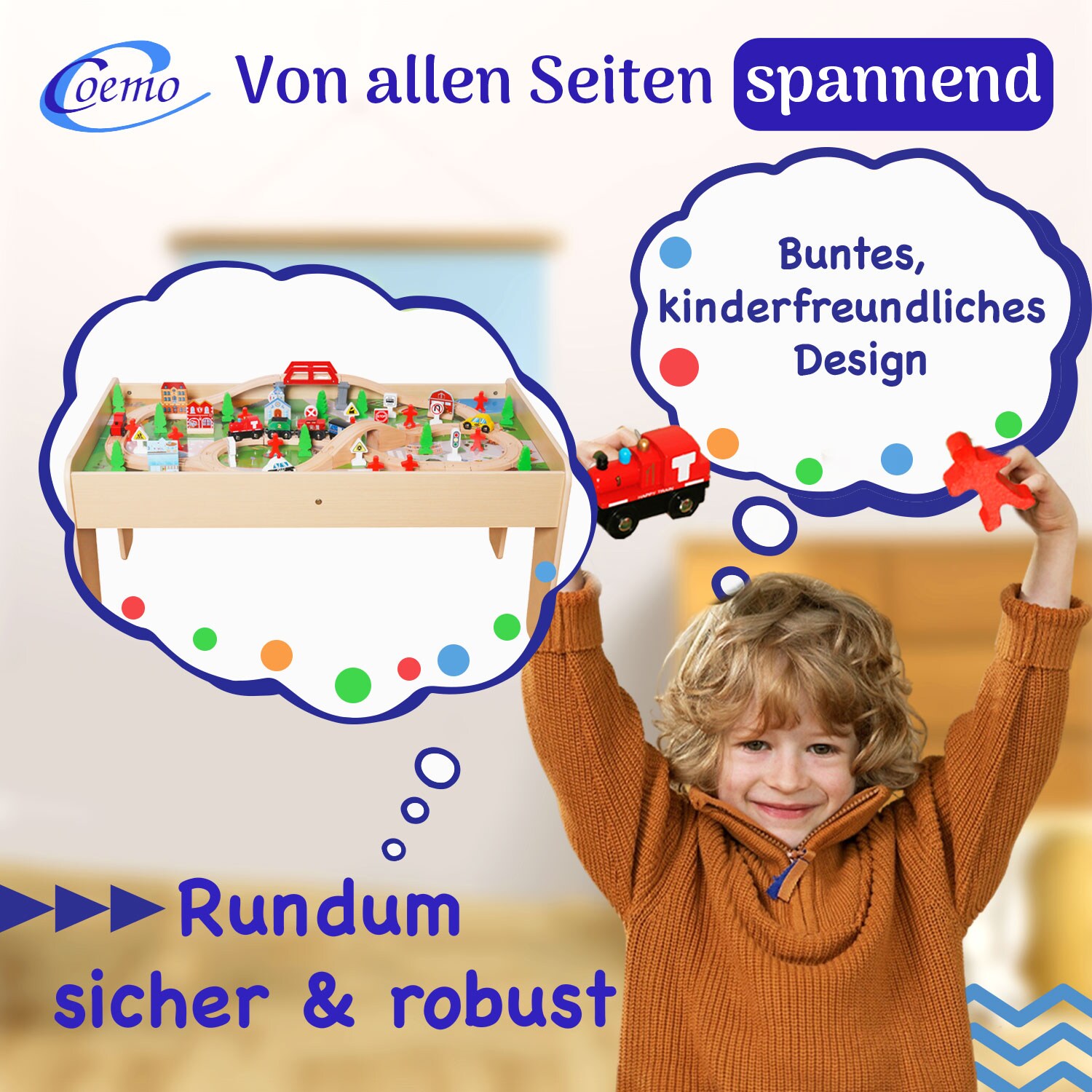 Spieltisch mit 90-tlg. Holzeisenbahn Farbe Natur