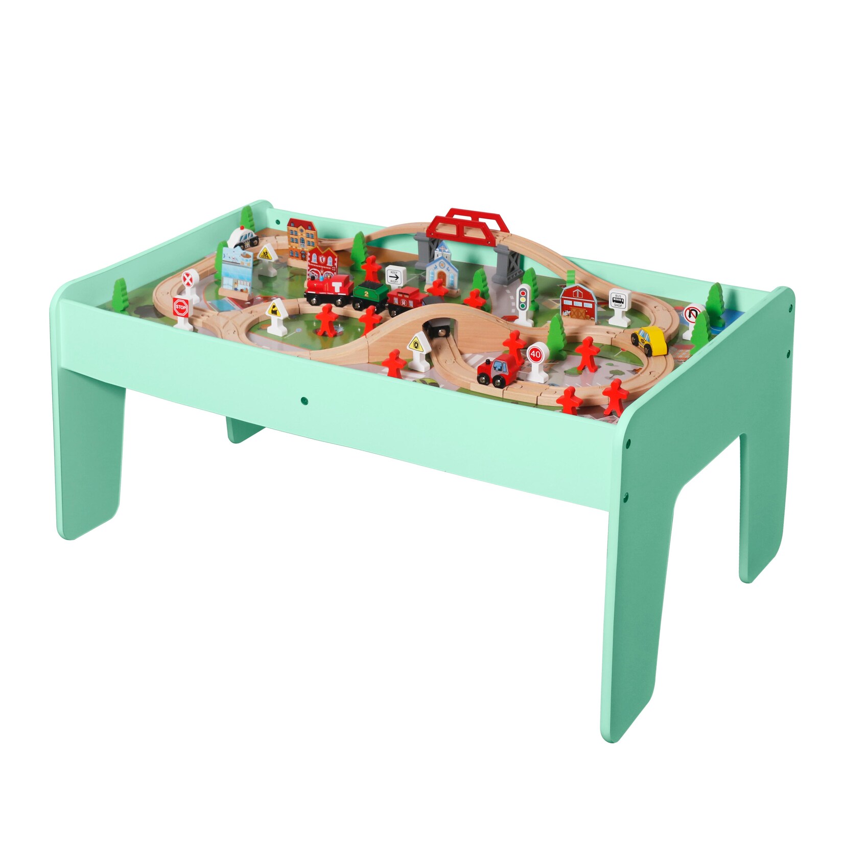 Spieltisch mit 90-tlg. Holzeisenbahn Farbe Mintgrün