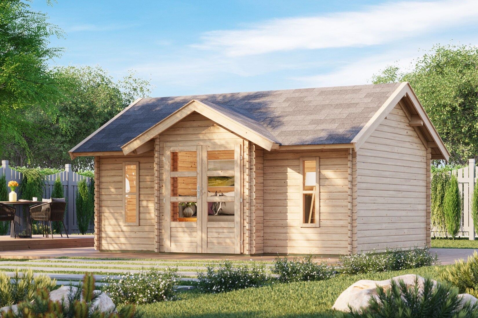 Karibu Gartenhaus "Sandstad" Blockbohlenhaus 38 mm Wandstärke Firsthöhe 293cm Fläche 19m² inkl Fußboden