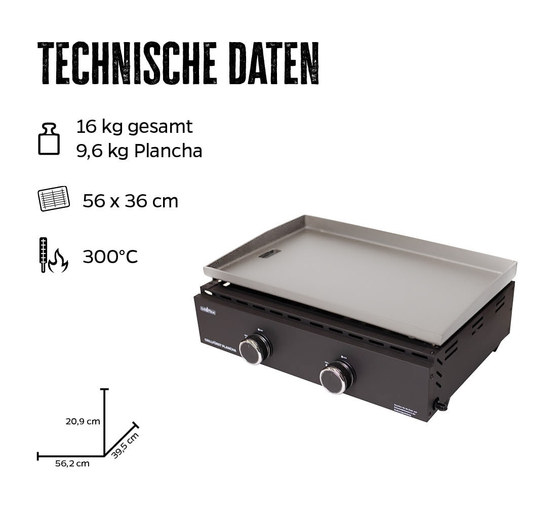 Grillf&uuml;rst Plancha Grill - 2 Brenner mit insgesamt 7 kW und Edelstahl Plancha 