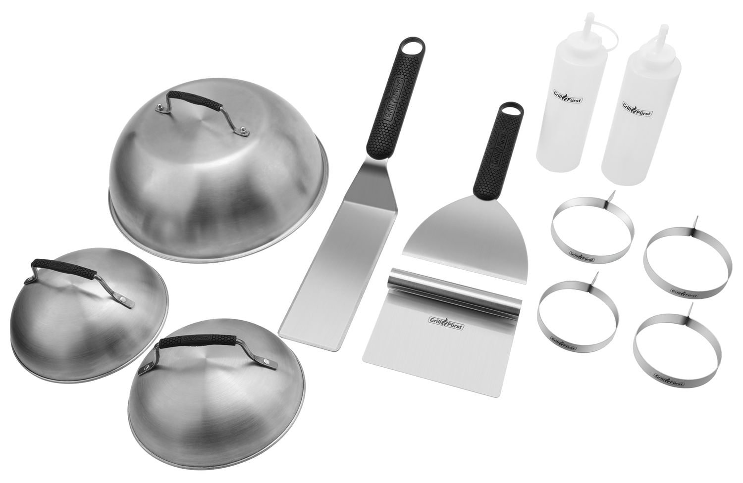 Grillf&uuml;rst Plancha-Set 12tlg. - Wender, Spachtel, Schaber, Burgerglocken, Bratringe und Squeezeflaschen 