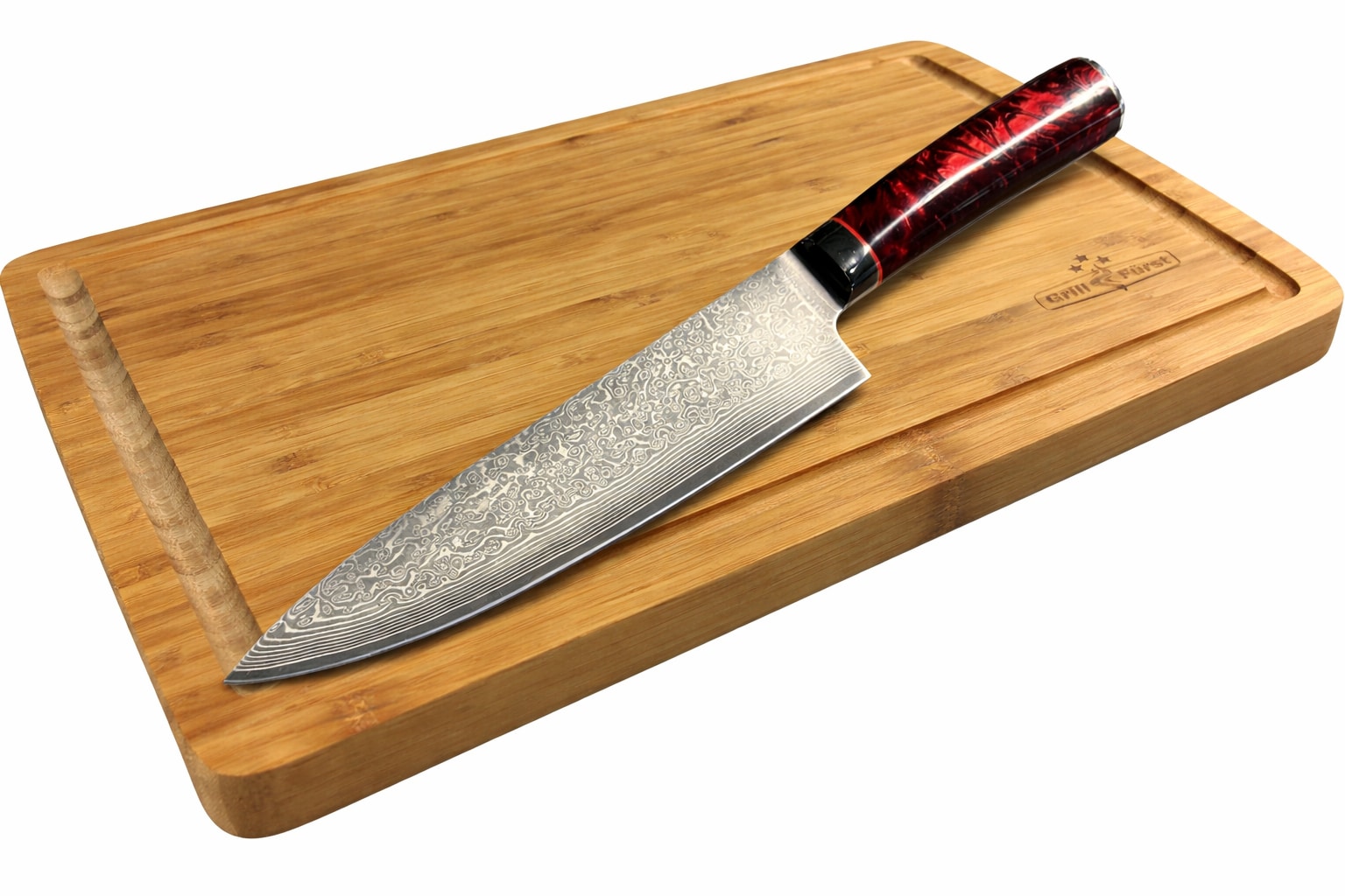 Grillf&uuml;rst Schneide & Messer Set Schneidebrett und Damast Hochmesser 
