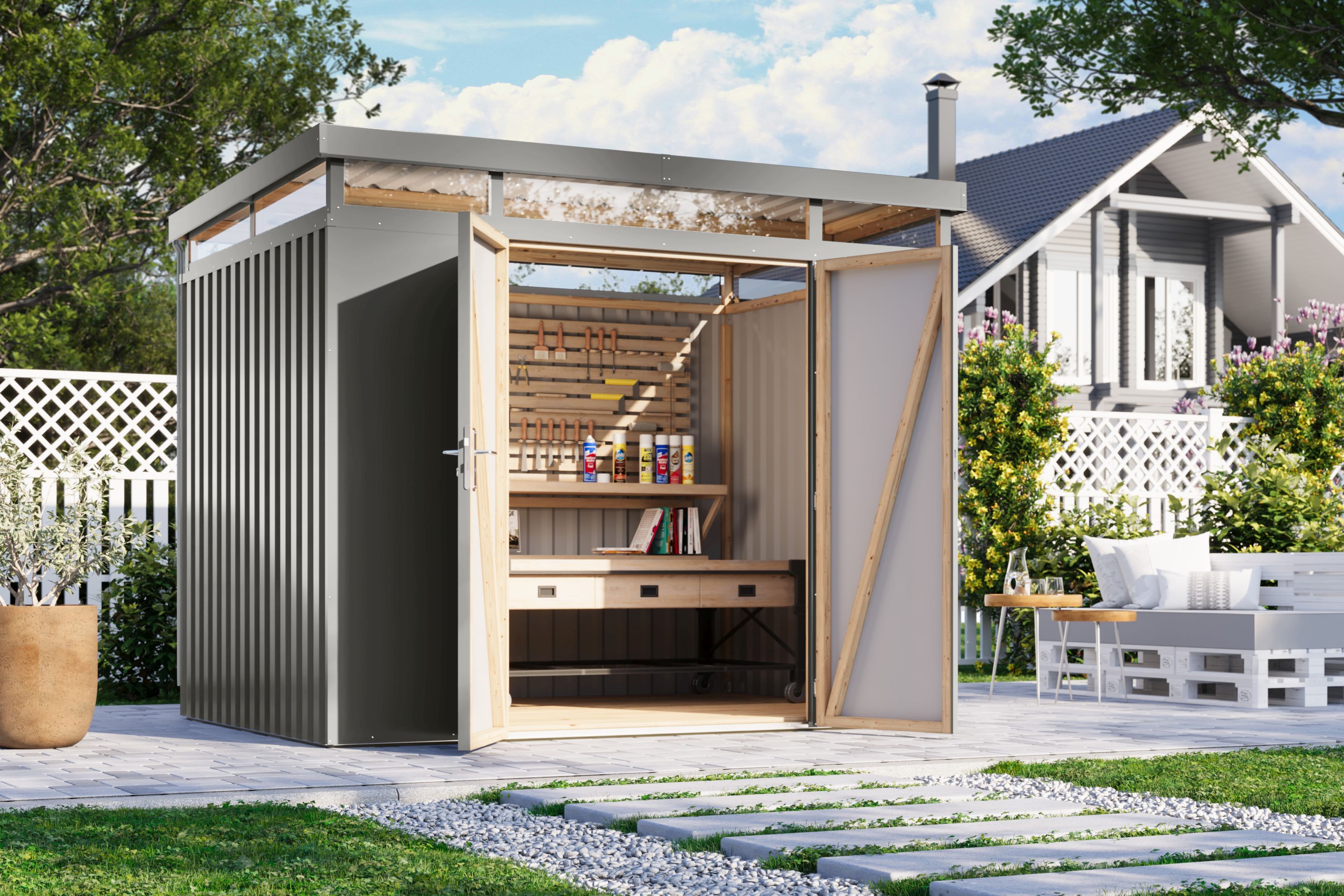 Metallger&auml;tehaus Boldmere XXL im Set mit Anbaudach 2 m 
