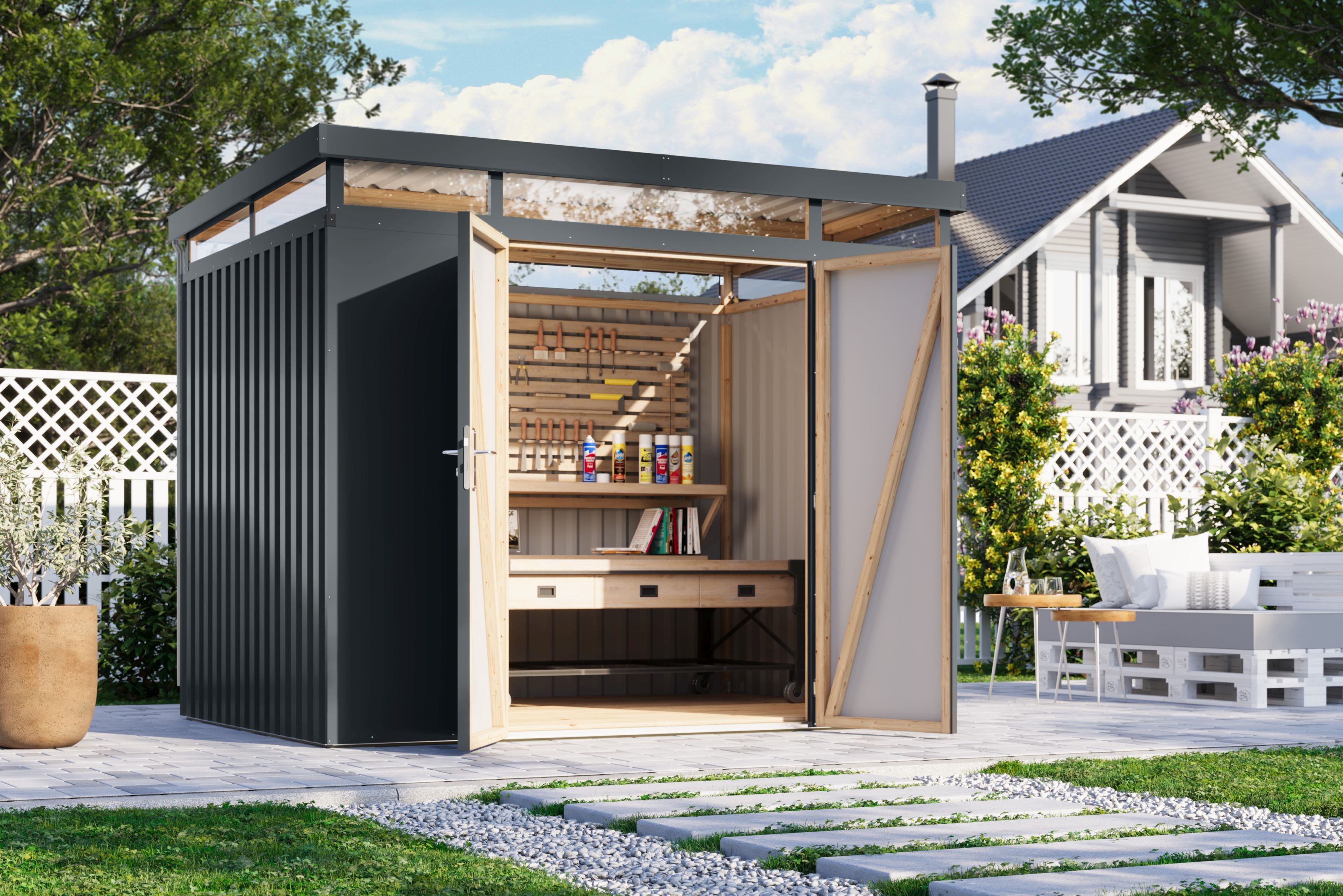 Metallger&auml;tehaus Boldmere XXL im Set mit Anbaudach 2 m 