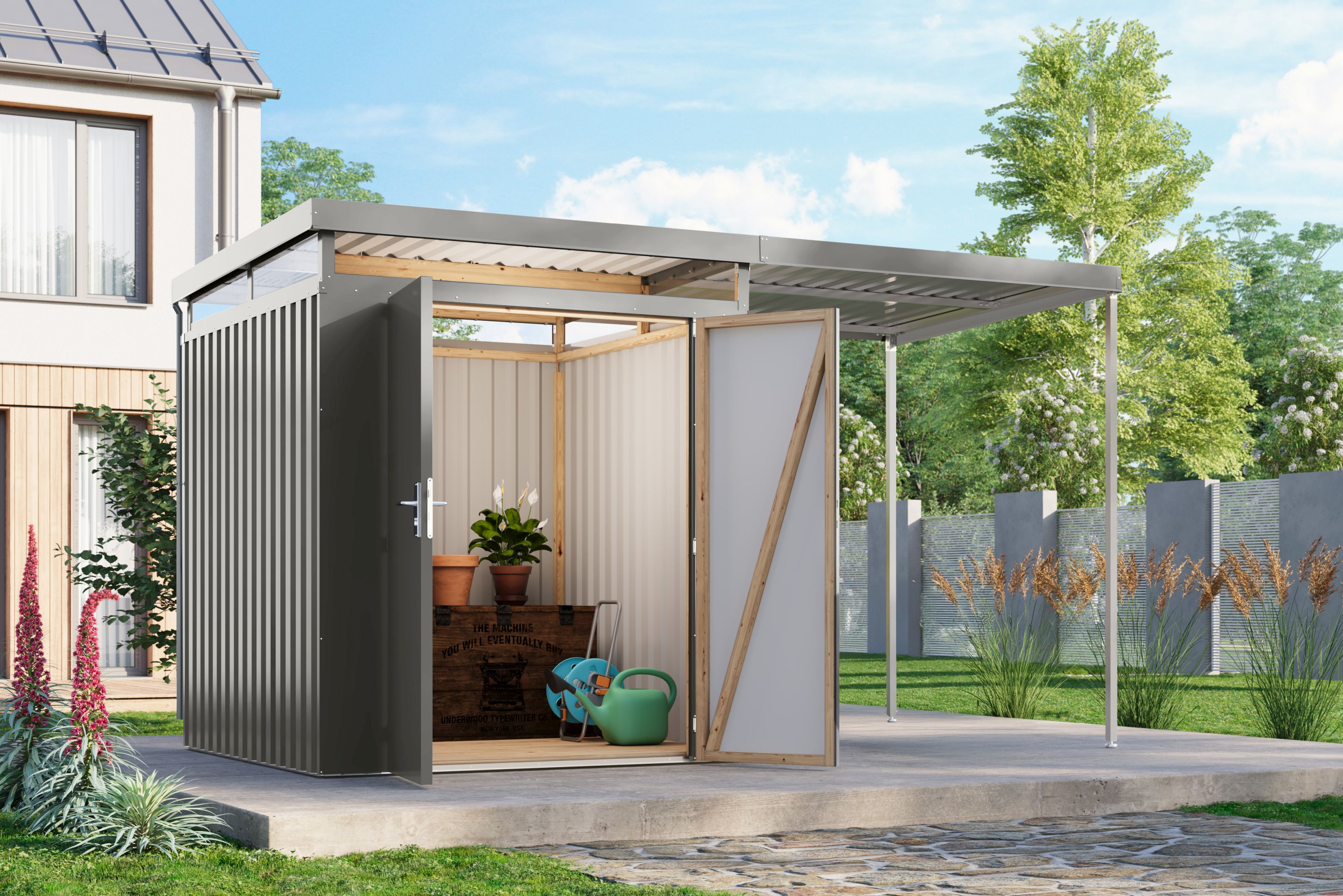 Metallger&auml;tehaus Boldmere XXL im Set mit Anbaudach 2 m 