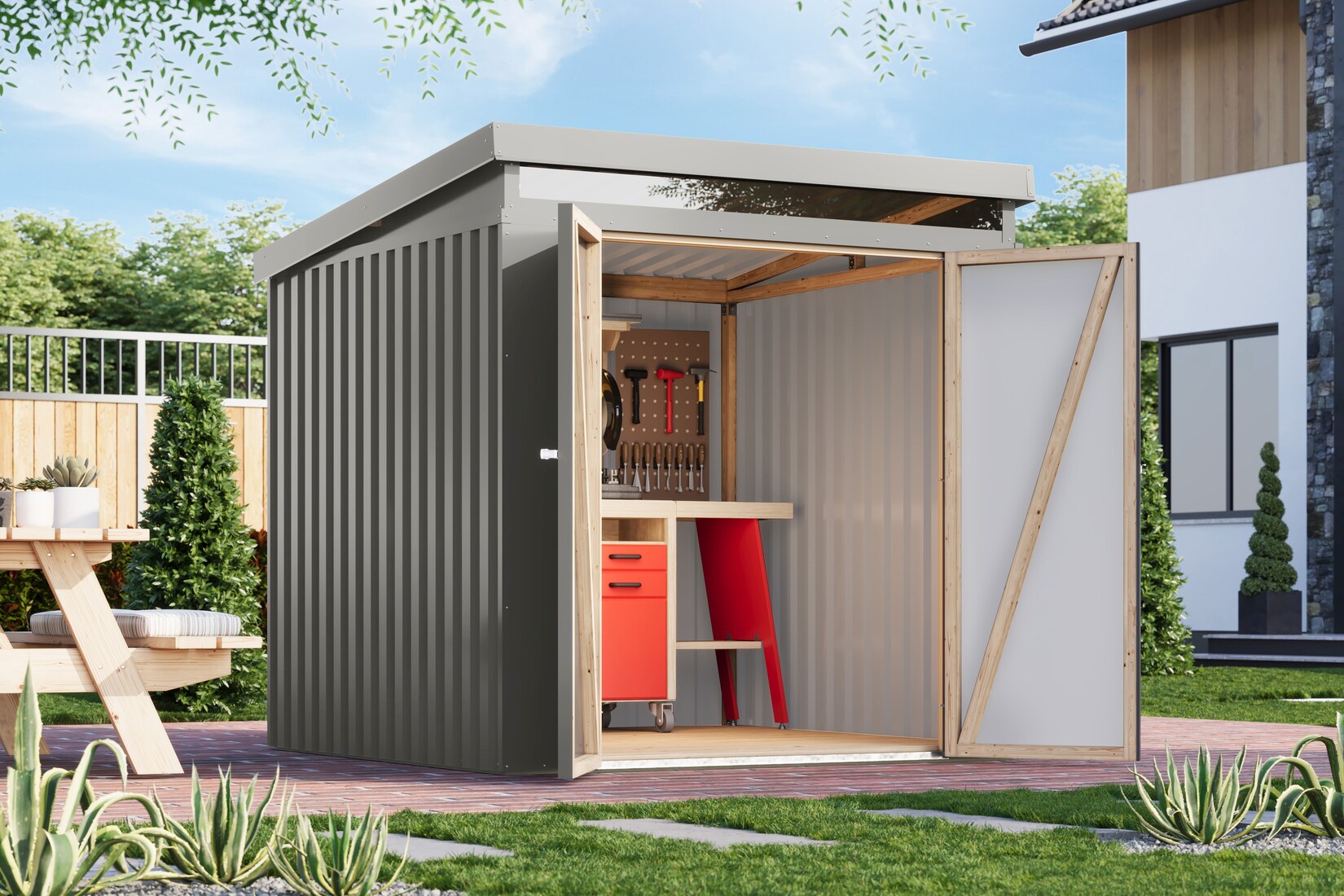 Metallgerätehaus Saltley XXL im Set mit Anbaudach 2 m