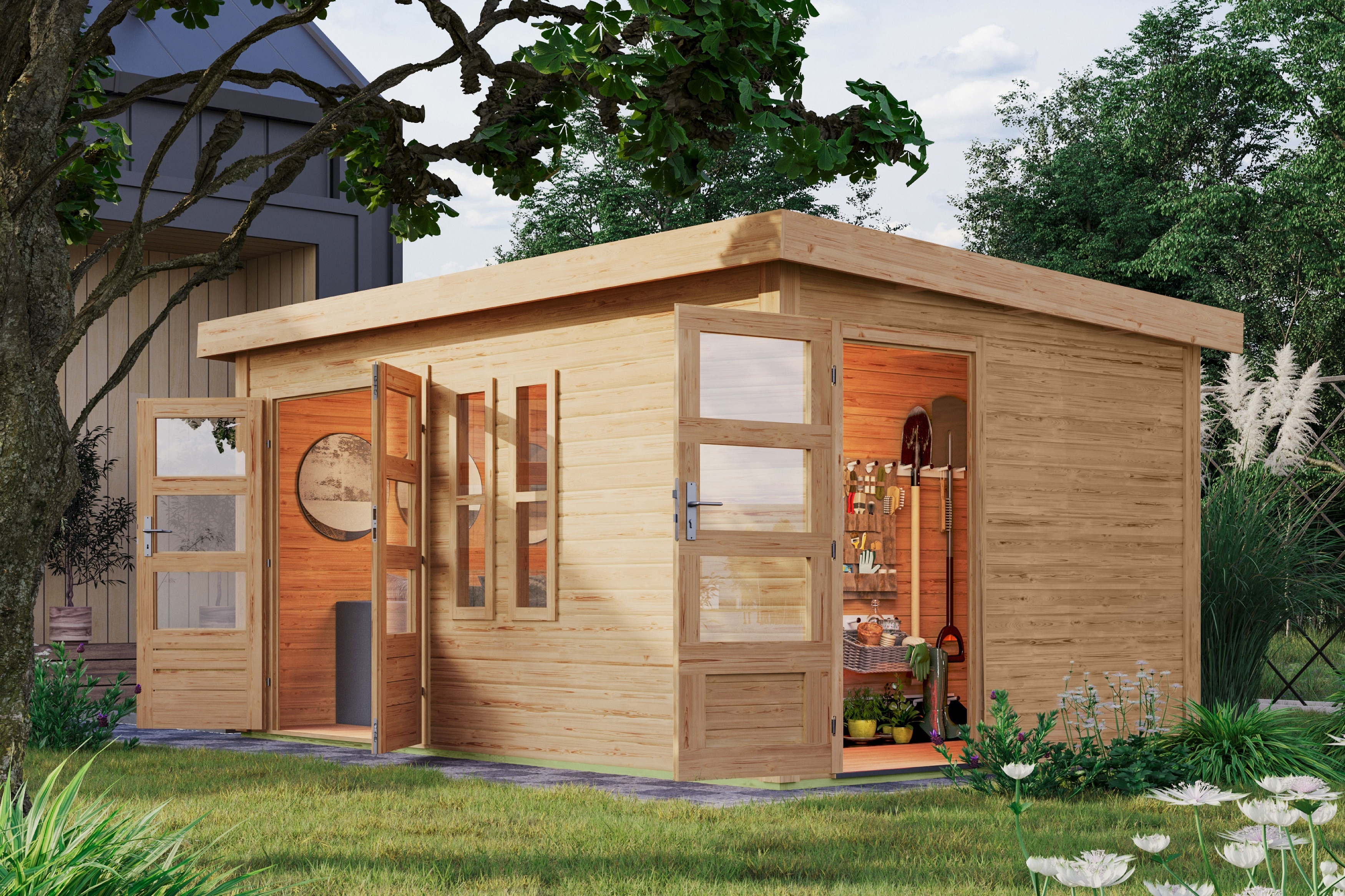Karibu Gartenhaus Goldbach Flachdach 38 mm Wandst&auml;rke 