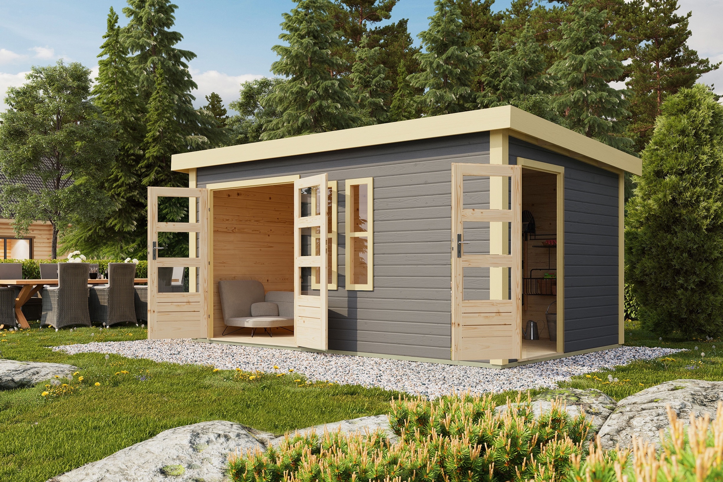 Karibu Gartenhaus Goldbach Flachdach 38 mm Wandst&auml;rke 