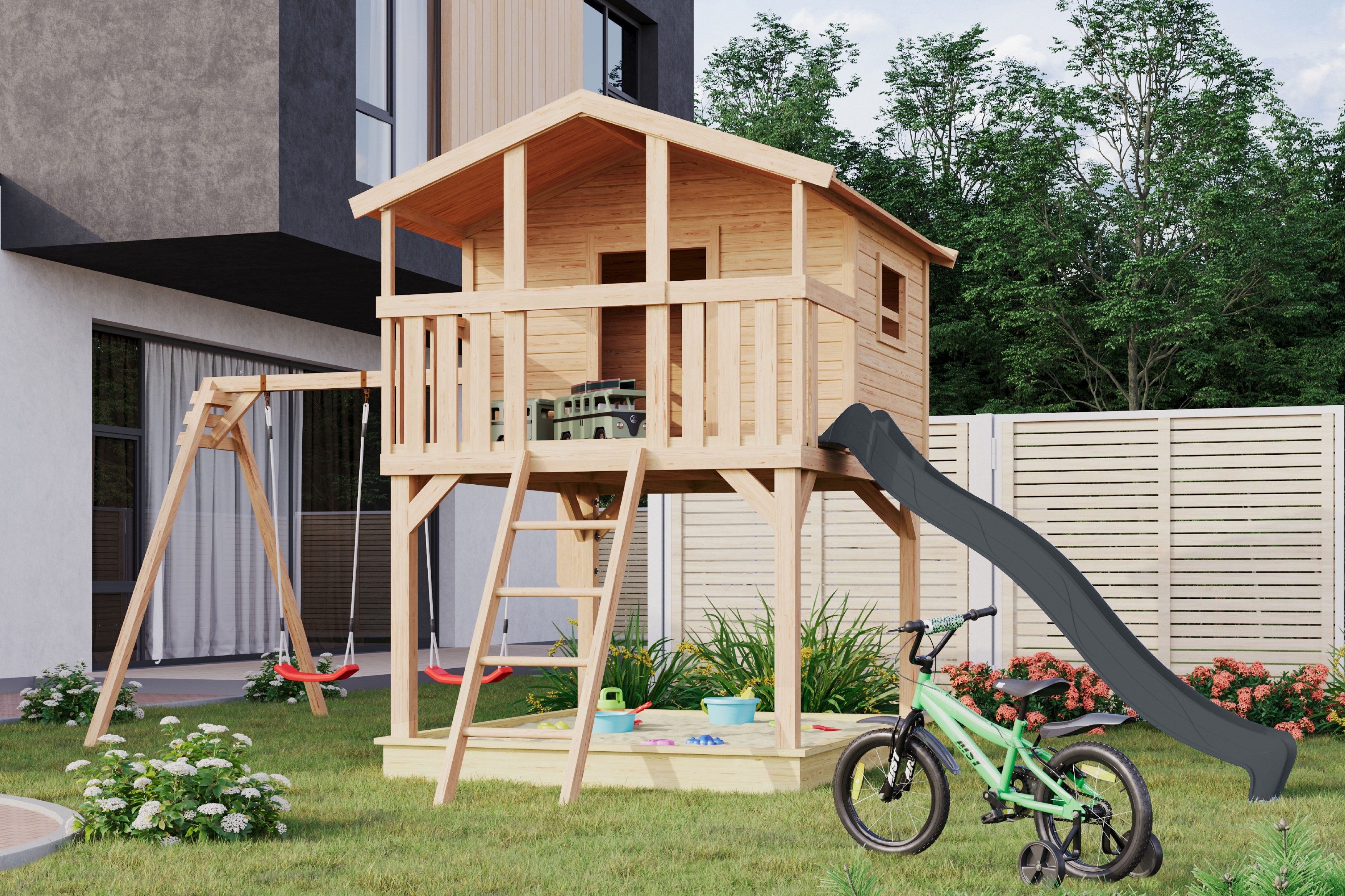 Karibu Stelzenhaus Benjamin mit Rutsche und Doppelschaukelanbau 